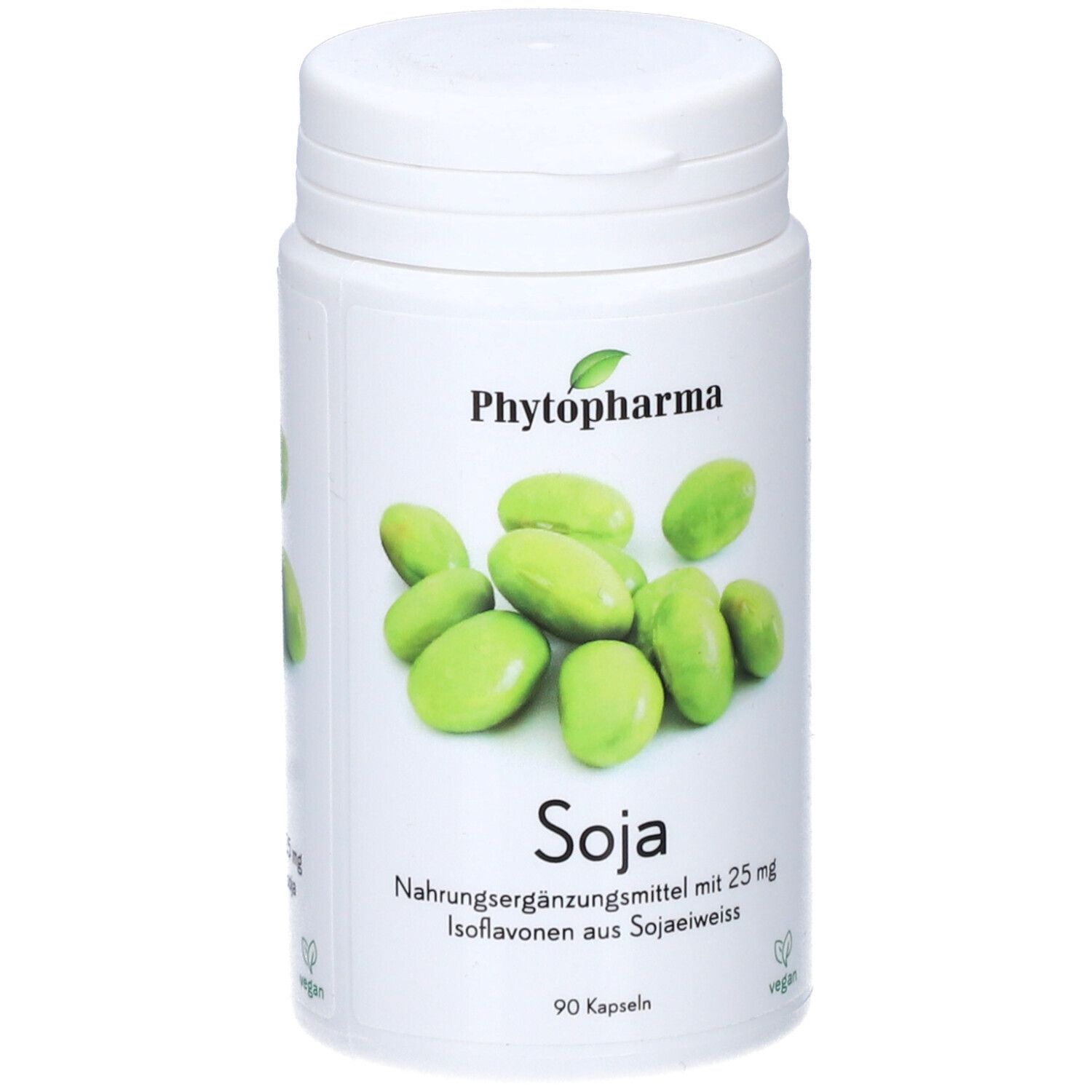 Weiße Dose mit Soja-Kapseln. Aufschrift: Phytopharma, Soja, Nahrungsergänzungsmittel. Vegan-Siegel. Abbildung von Sojabohnen.