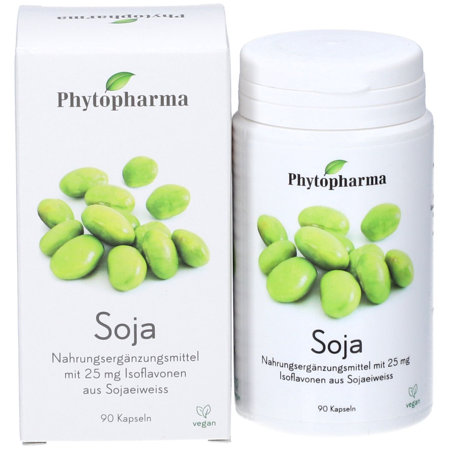 Produktpackung mit Dose und Schachtel. Aufschrift: Phytopharma, Soja, Nahrungsergänzungsmittel. Vegan-Siegel. Abbildung von Sojabohnen.