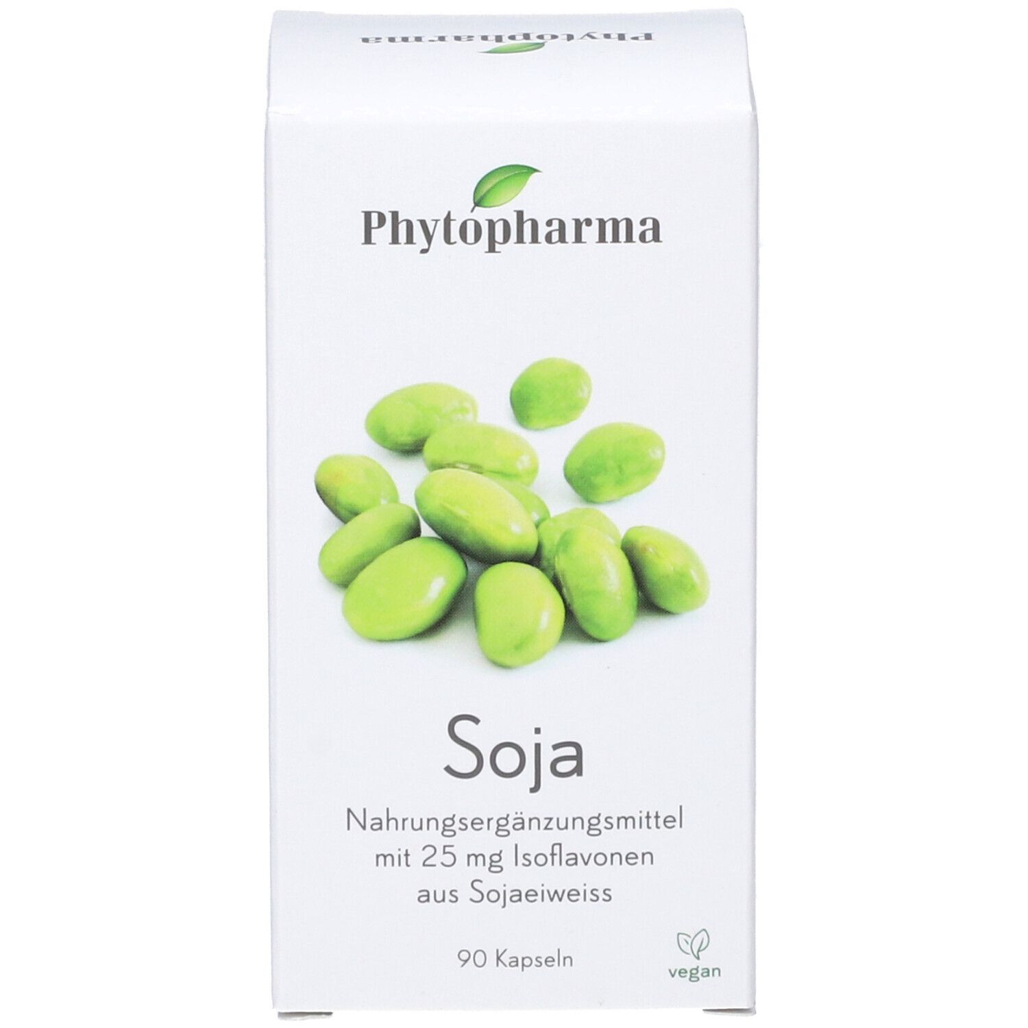 Weiße Schachtel mit Soja-Kapseln. Aufschrift: Phytopharma, Soja, Nahrungsergänzungsmittel. Vegan-Siegel. Abbildung von Sojabohnen.