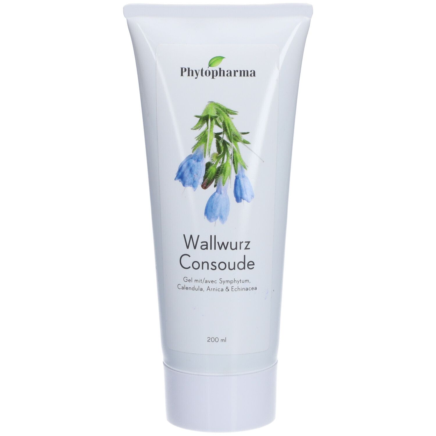 Weiße Tube mit blauem Blumenmotiv und Schriftzug. Produktname: Wallwurz Consoude. Marke: Phytopharma. 200 ml.