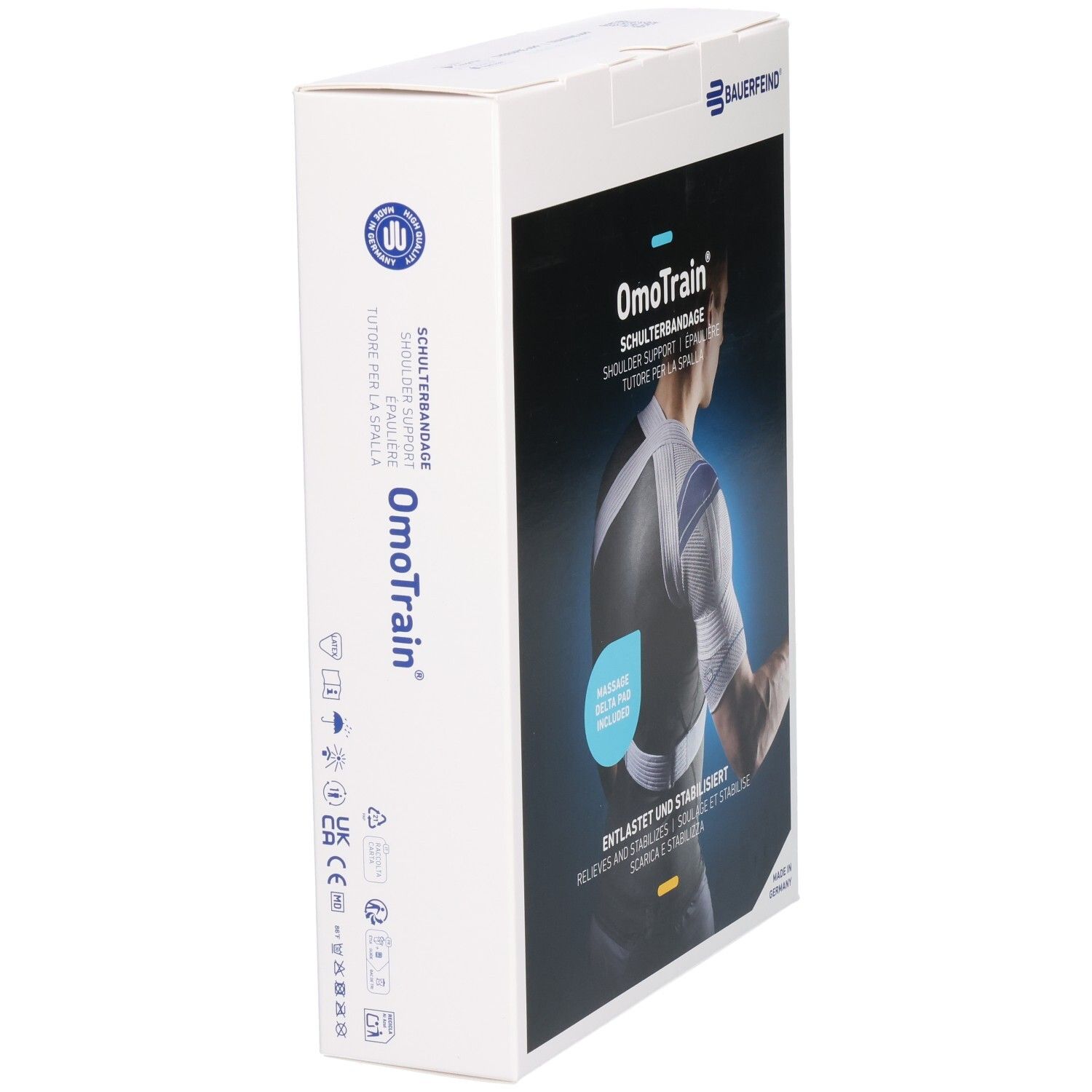 Emballage du bandage d'épaule Bauerfeind OmoTrain, côté avec marquage CE et symboles.