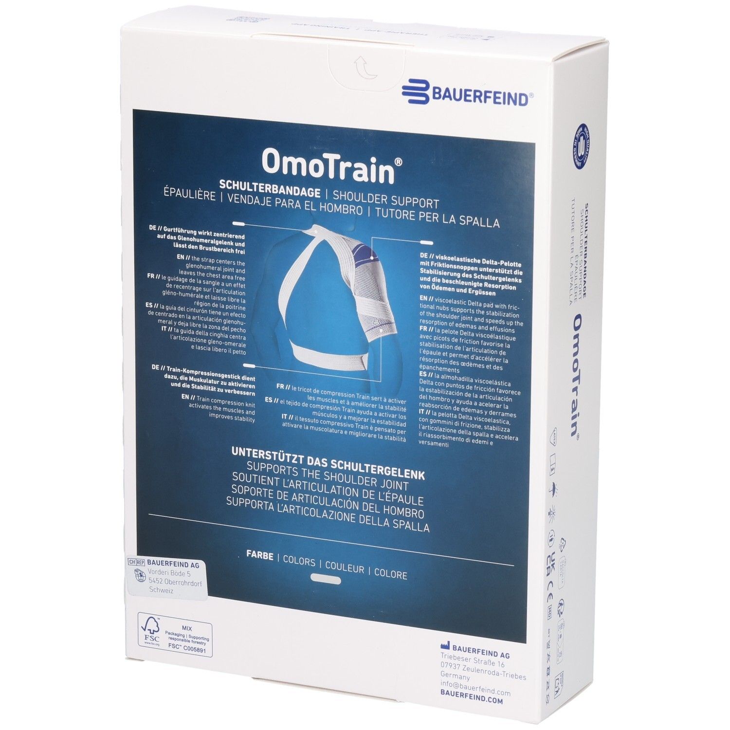 Dos de l'emballage du bandage d'épaule Bauerfeind OmoTrain avec informations produit et illustration.