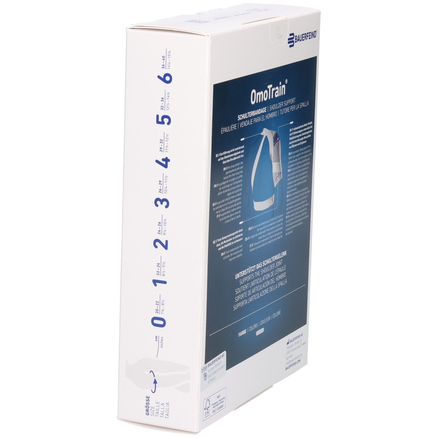 Emballage du bandage d'épaule Bauerfeind OmoTrain, côté avec tableau des tailles et illustration produit.