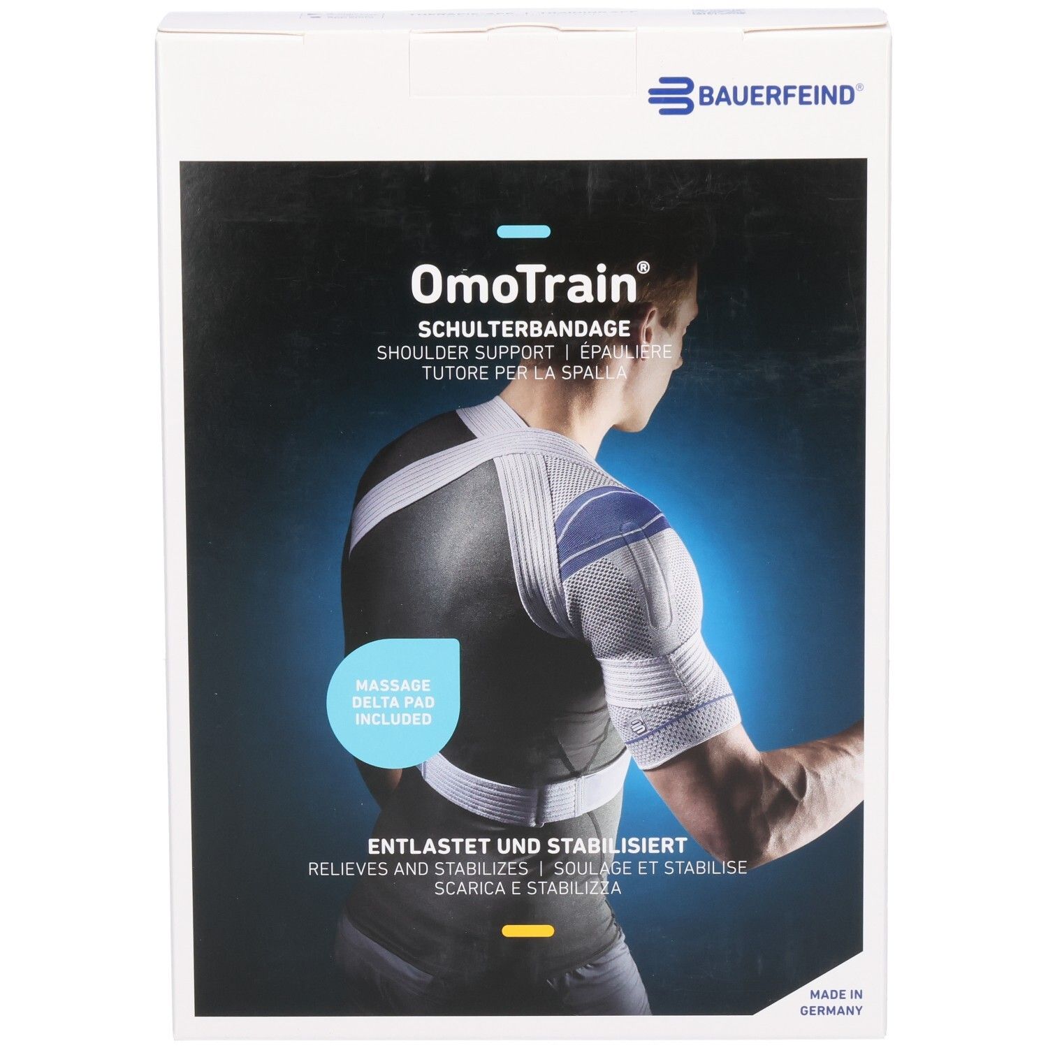 Emballage du bandage d'épaule Bauerfeind OmoTrain avec illustration d'un homme portant le bandage.