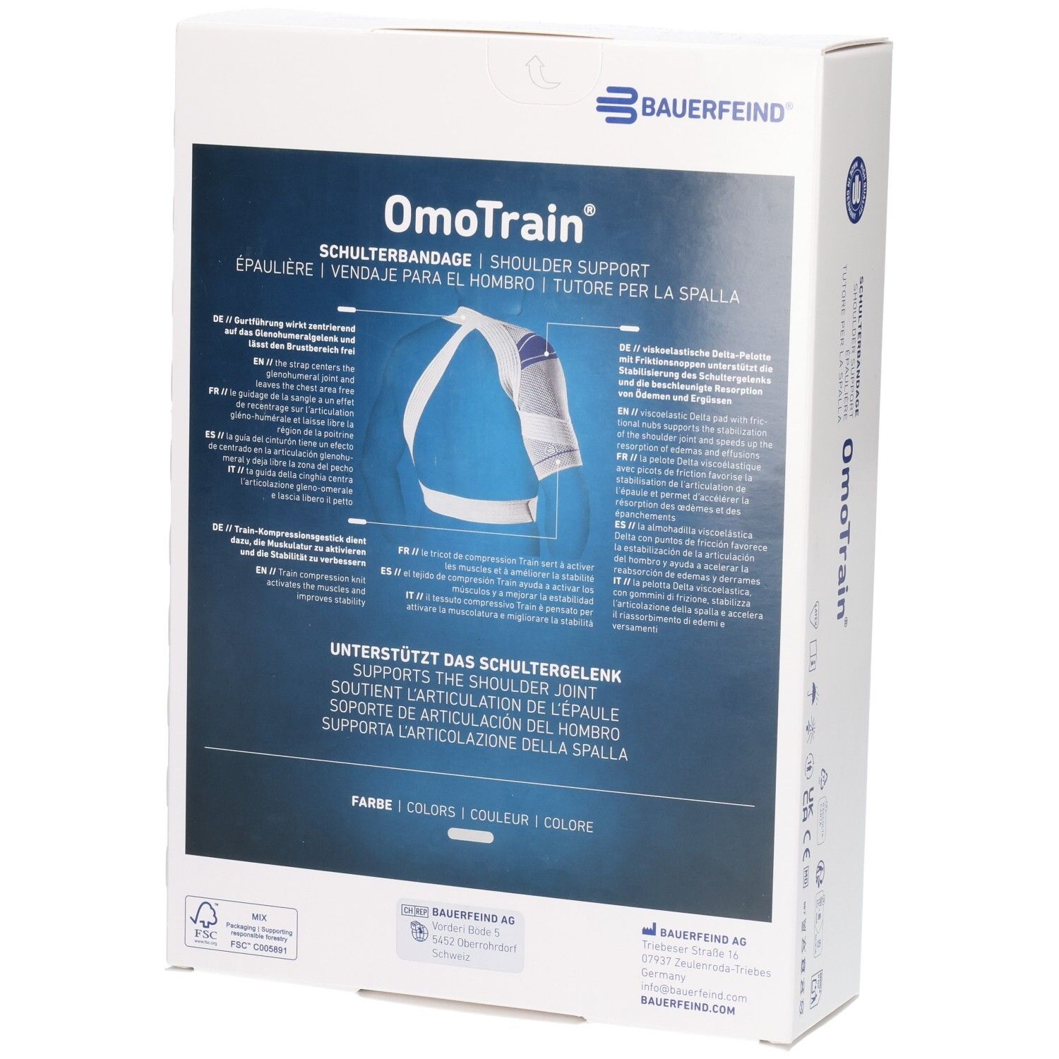 Rückseite der Verpackung der BAUERFEIND OmoTrain Schulter-Aktivbandage mit detaillierten Produktinformationen und Abbildung der Bandage.