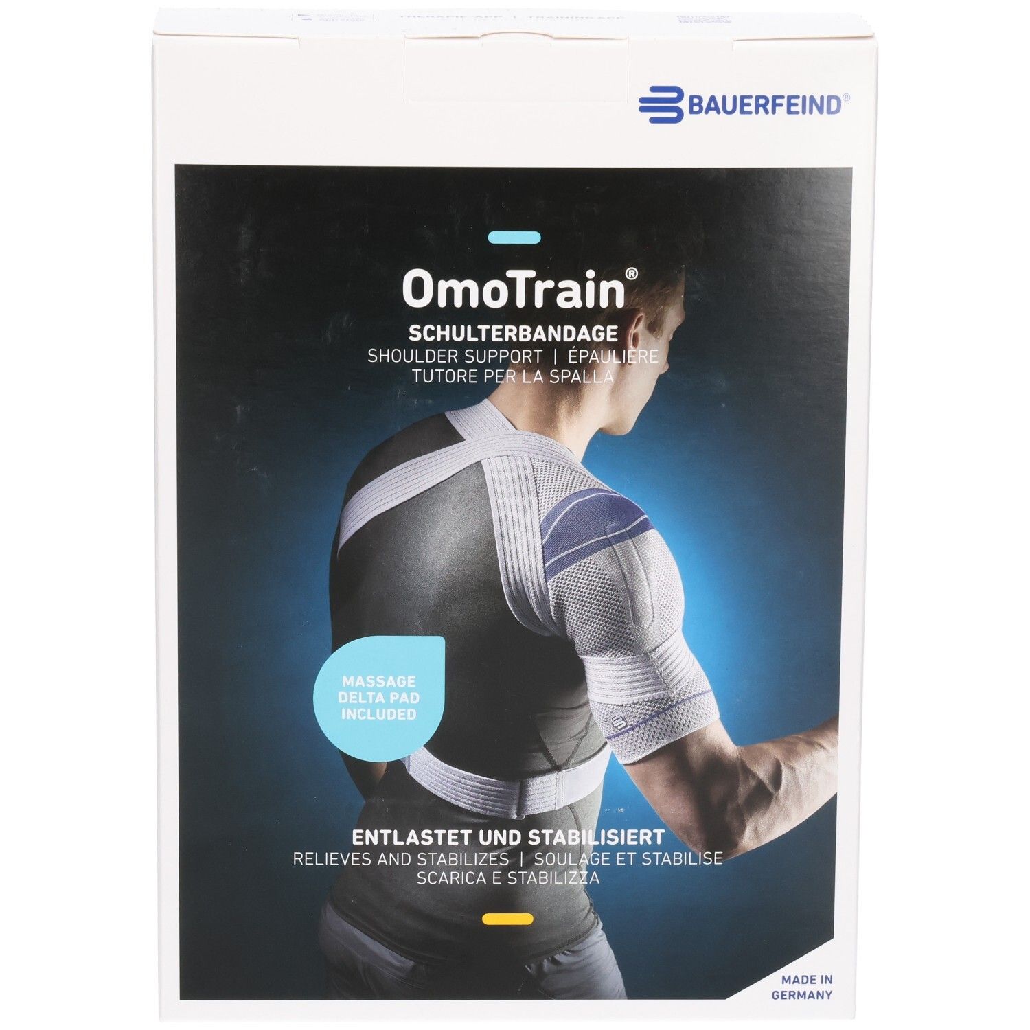 Verpackung der BAUERFEIND OmoTrain Schulter-Aktivbandage mit Abbildung eines Mannes, der die Bandage trägt.