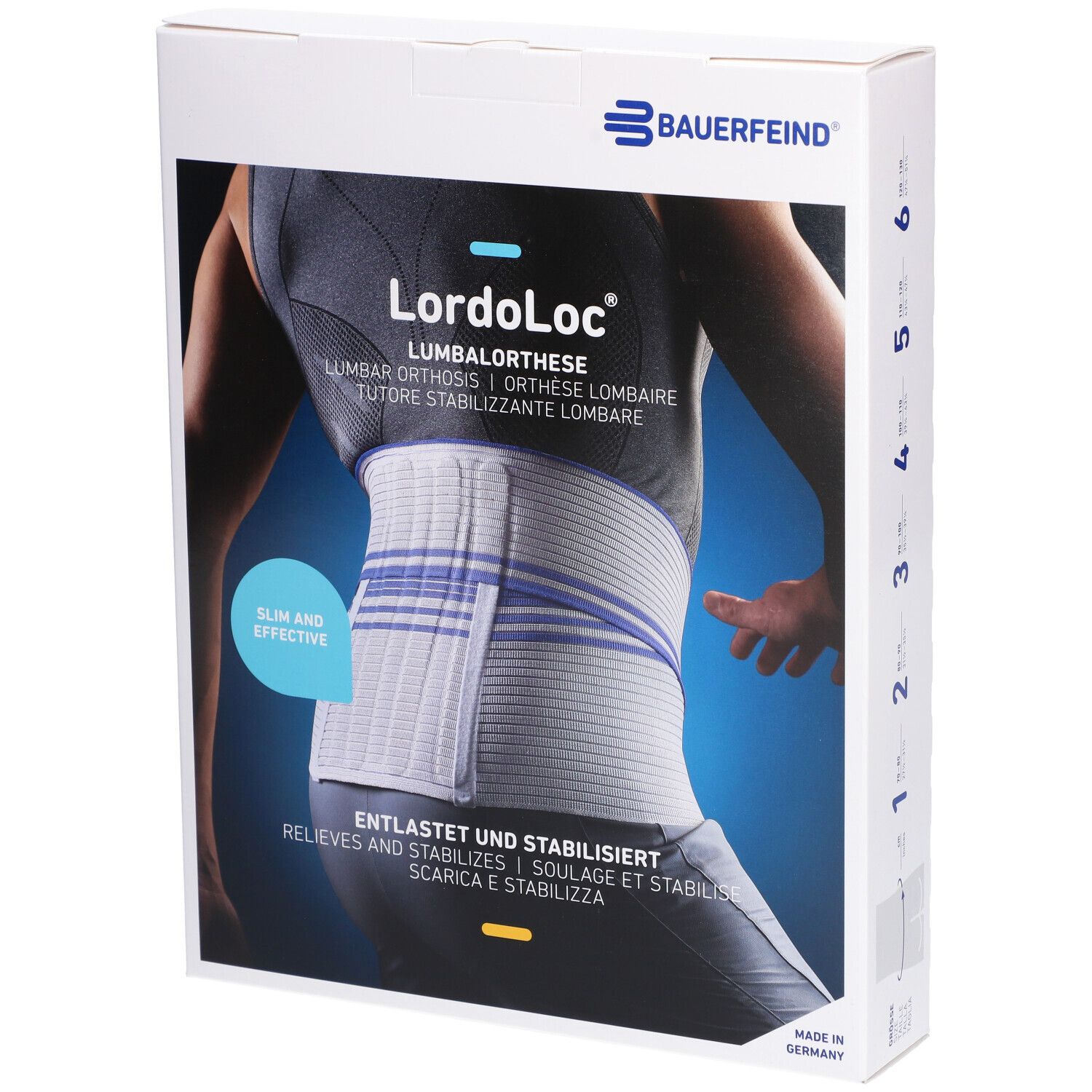 Verpackung der LordoLoc Lumbale Orthese. Aufdruck: Bauerfeind, Produktabbildung, Produktname, Größenangabe.