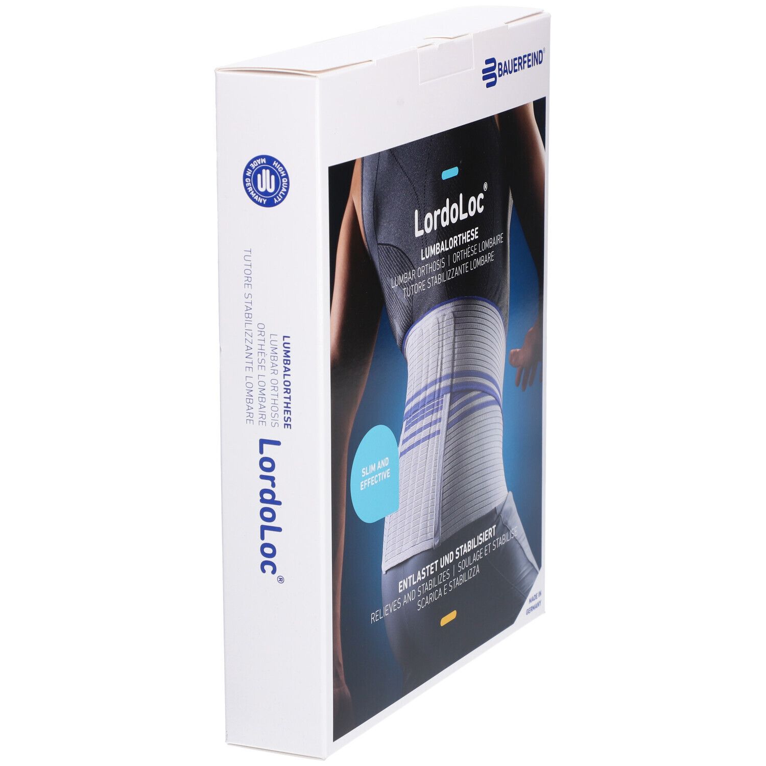 Verpackung der LordoLoc Lumbale Orthese. Aufdruck: Bauerfeind, Produktabbildung, Produktname, Größenangabe.