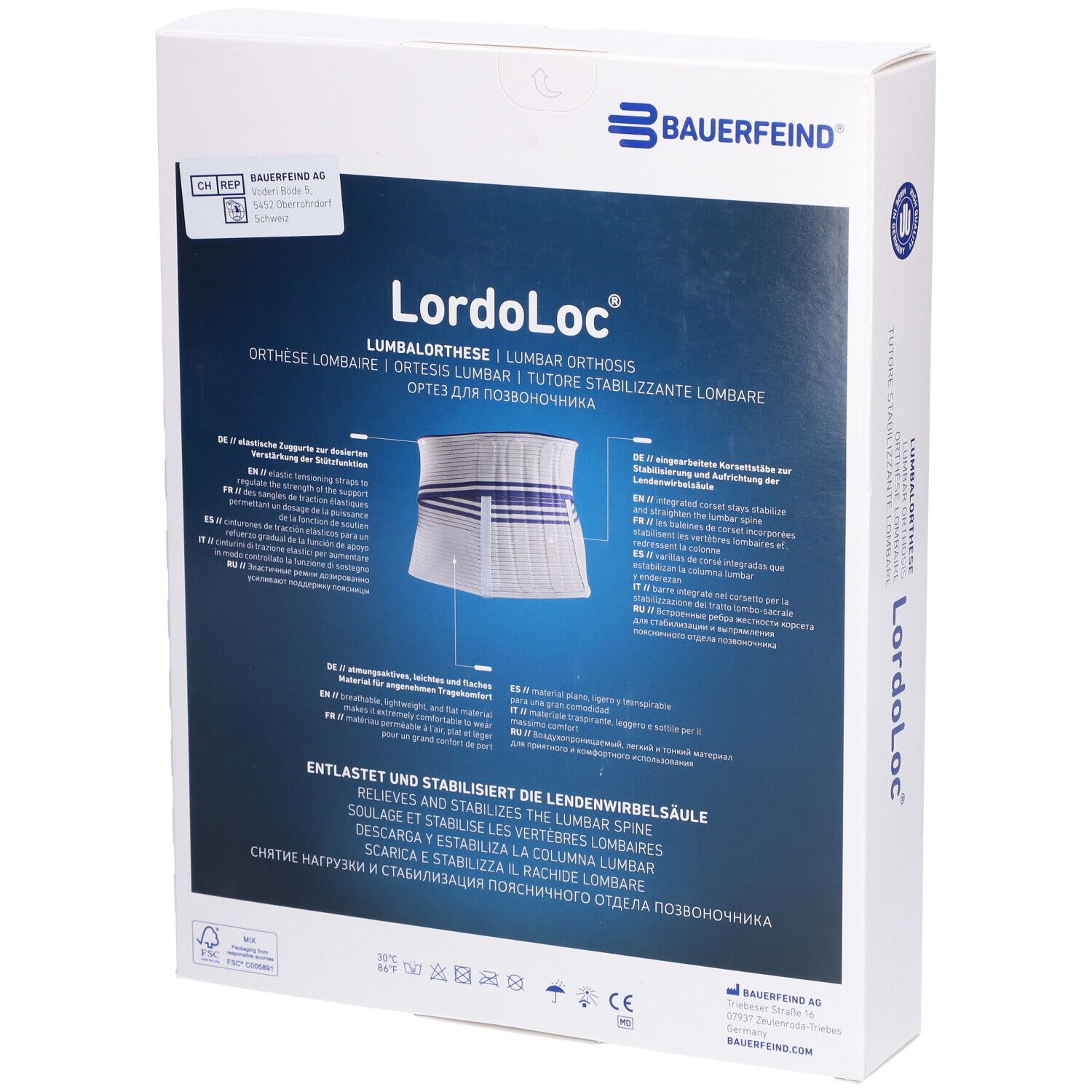Rückseite der LordoLoc Lumbale Orthese Verpackung. Aufdruck: Bauerfeind, Produktinformationen, Produktname, Zertifizierungen.