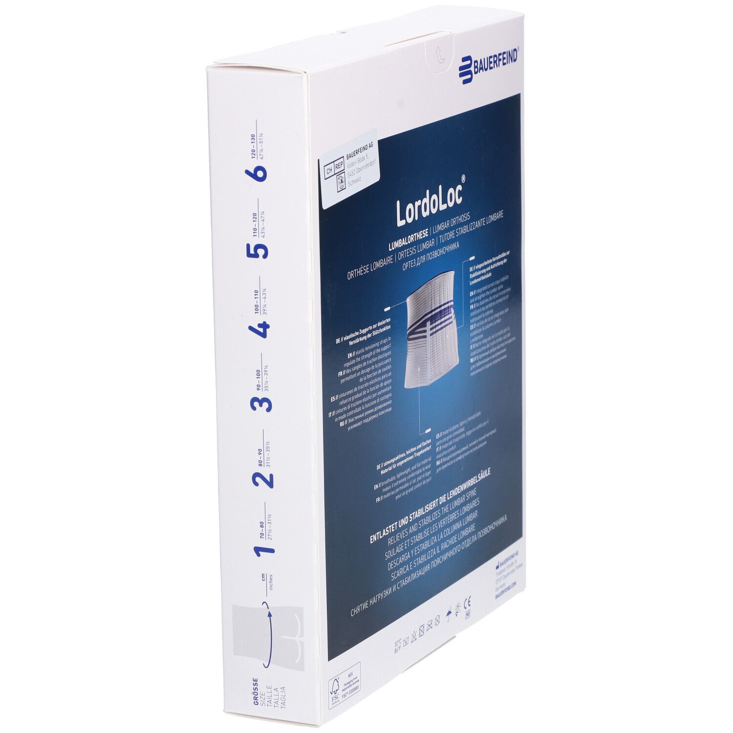 Verpackung der LordoLoc Lumbale Orthese. Aufdruck: Bauerfeind, Produktname, Größenangabe, Größenangaben.
