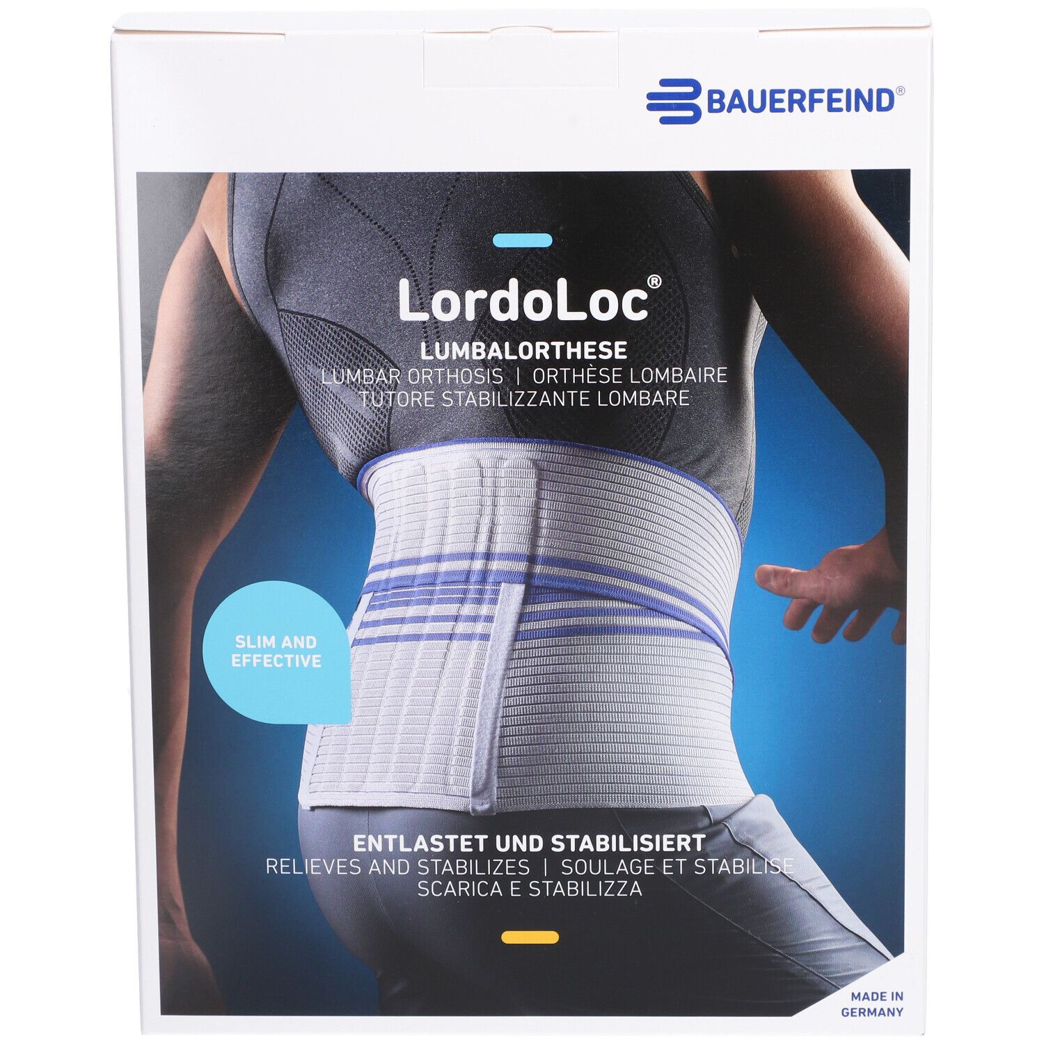 Verpackung der LordoLoc Lumbale Orthese. Aufdruck: Bauerfeind, Produktabbildung, Produktname, Größenangabe.
