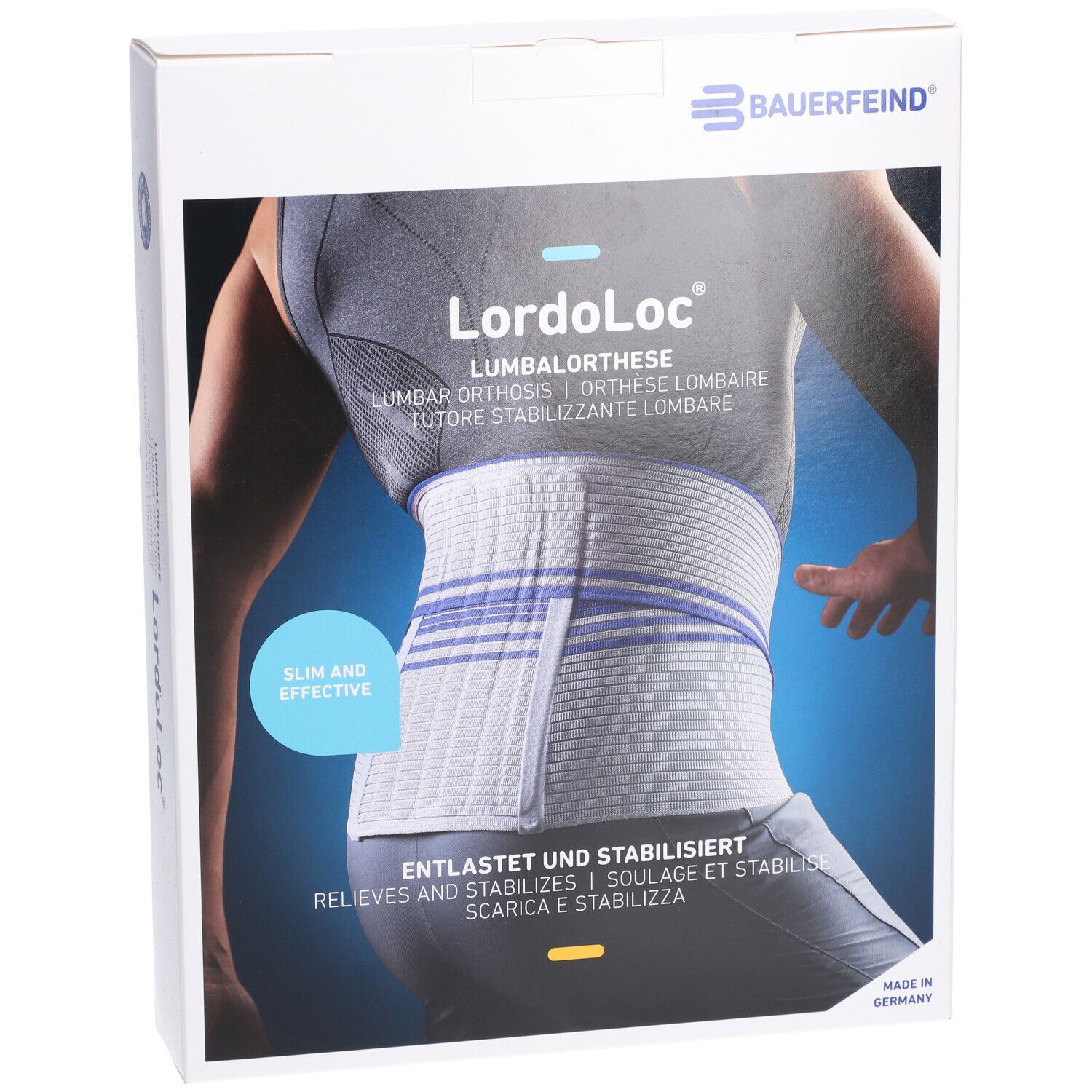 Verpackung der LordoLoc Lumbale Orthese. Aufdruck: Bauerfeind, Produktabbildung, Produktname, Größenangabe.