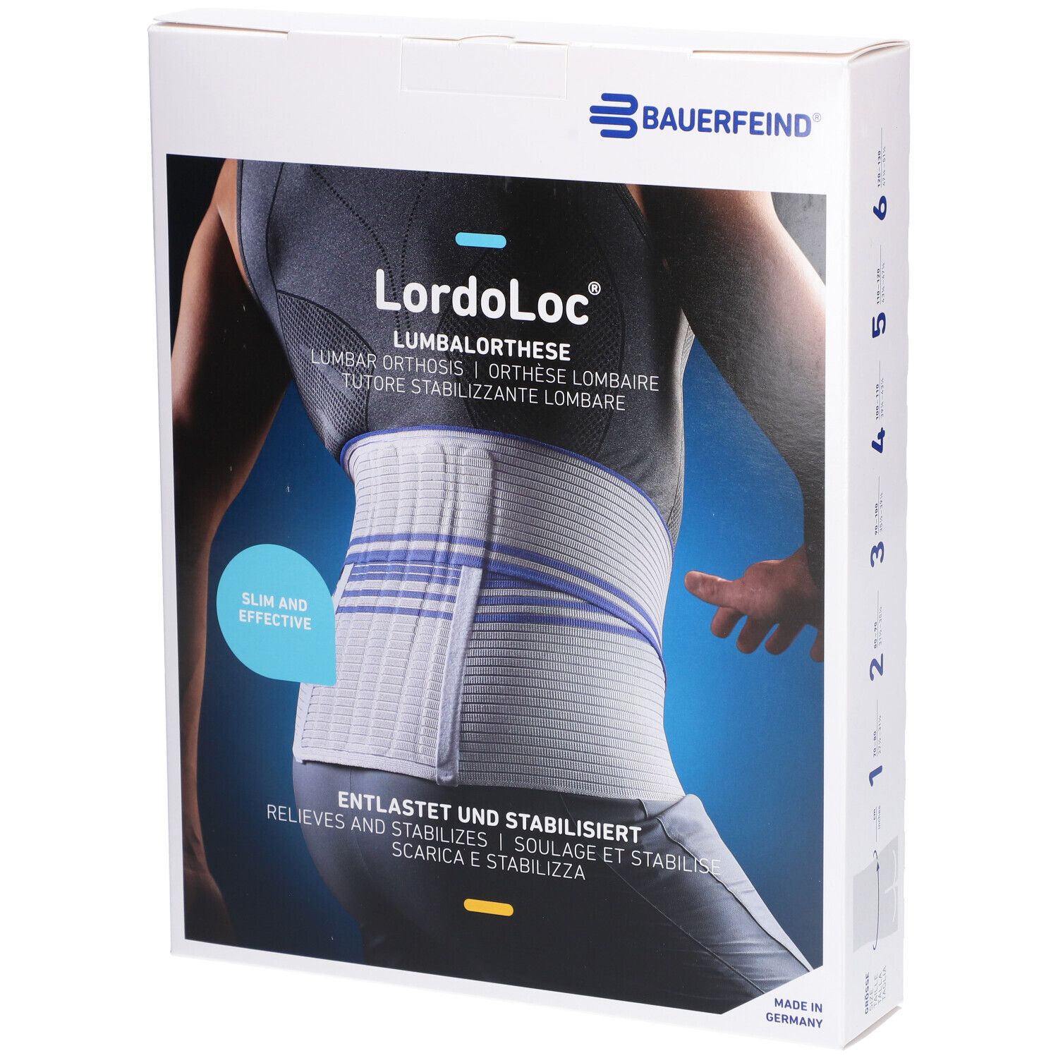 Verpackung der LordoLoc Lumbale Orthese. Aufdruck: Produktabbildung, Produktname, Marke Bauerfeind, Größenangabe.
