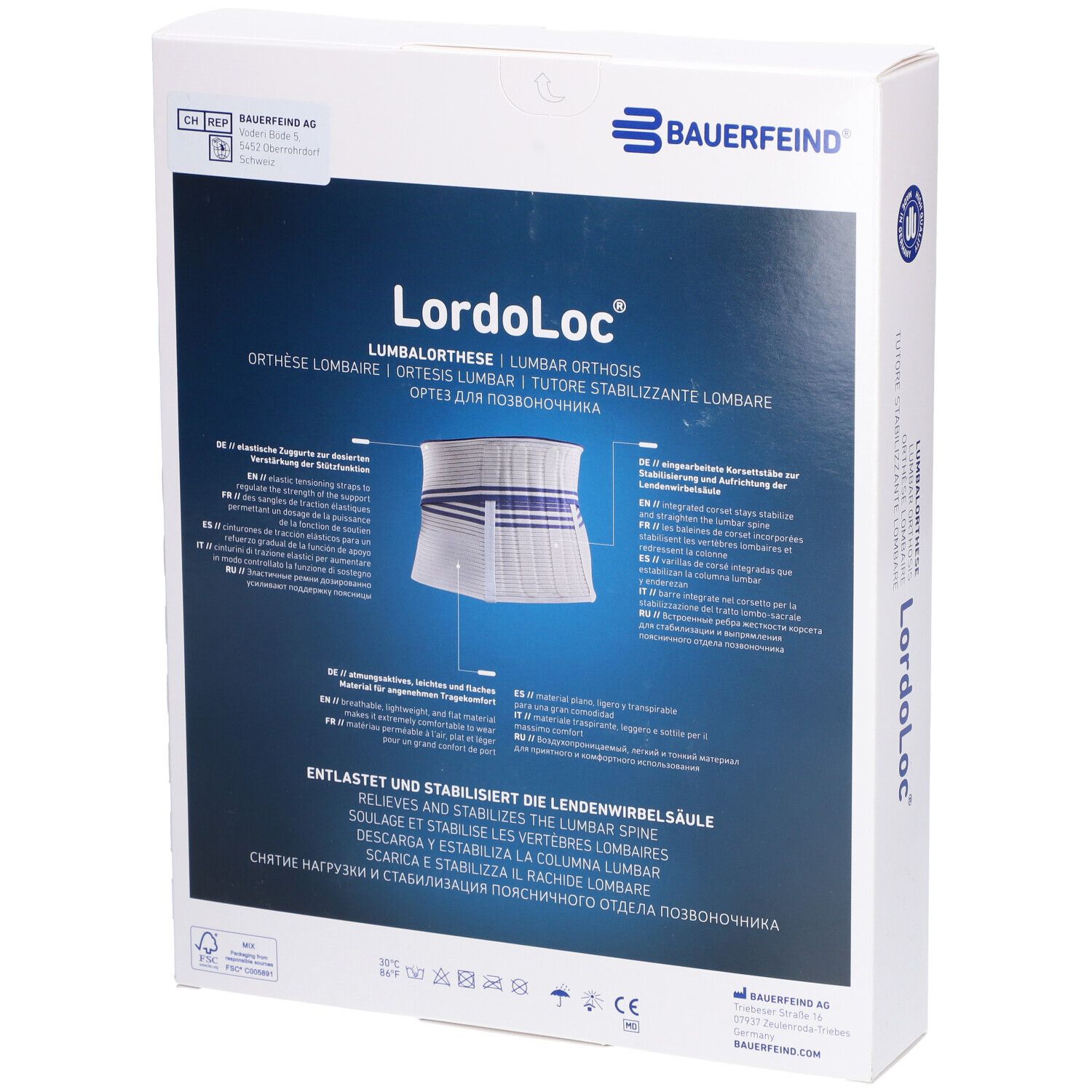 Rückseite der LordoLoc-Verpackung. Aufdruck: Produktname, Marke Bauerfeind, Produktabbildung, Textinformationen, Zertifizierungen.