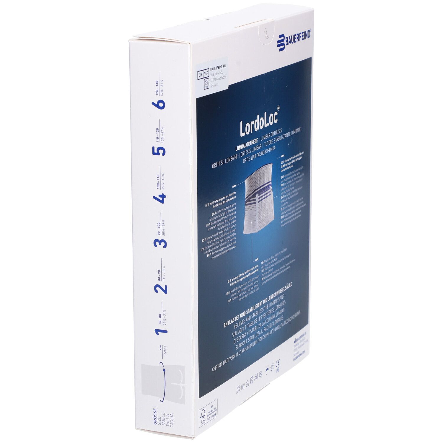 Seitenansicht der LordoLoc-Verpackung. Aufdruck: Produktname, Marke Bauerfeind, Produktabbildung, Größenangabe.