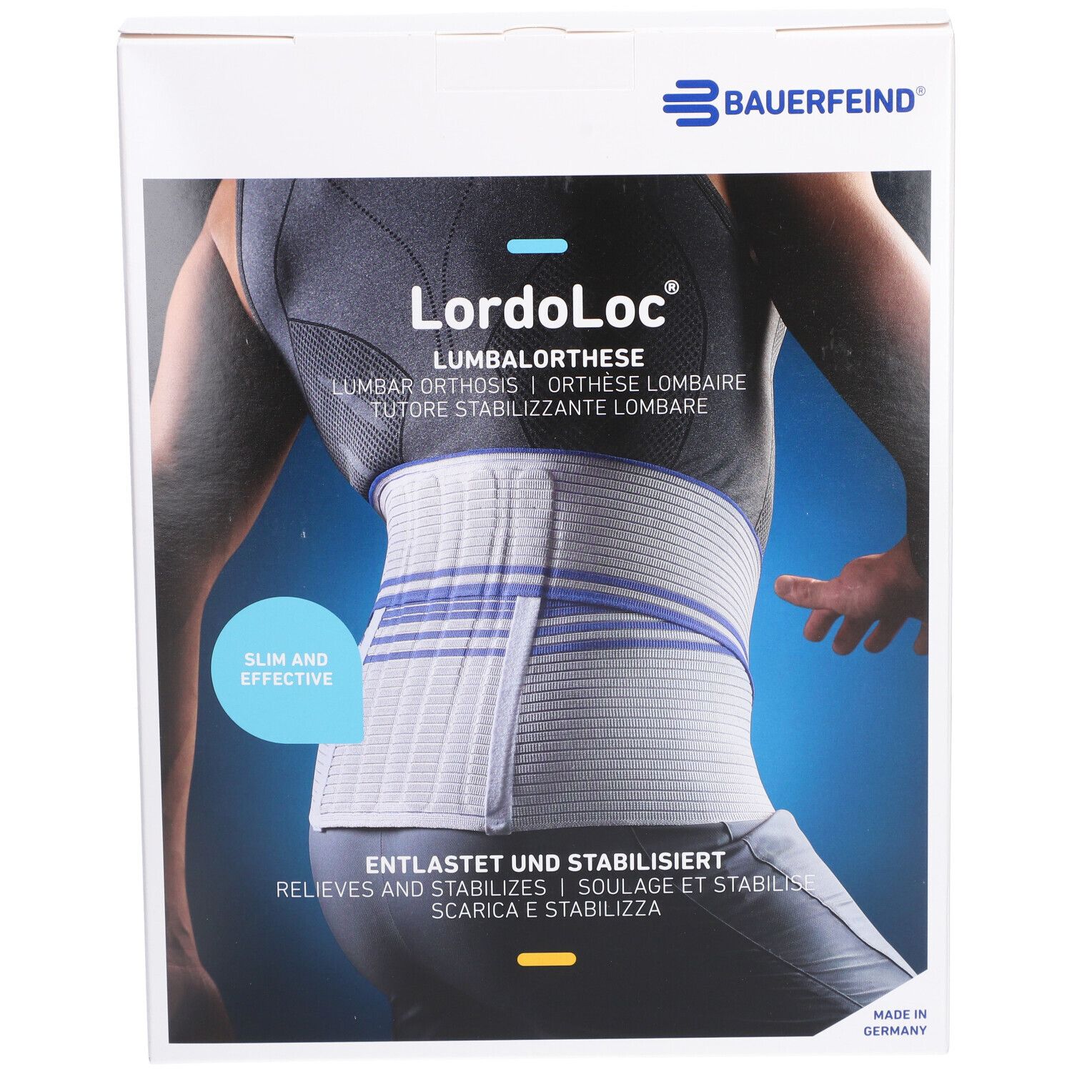 Vorderansicht der LordoLoc-Verpackung. Aufdruck: Produktabbildung, Produktname, Marke Bauerfeind, Größenangabe.