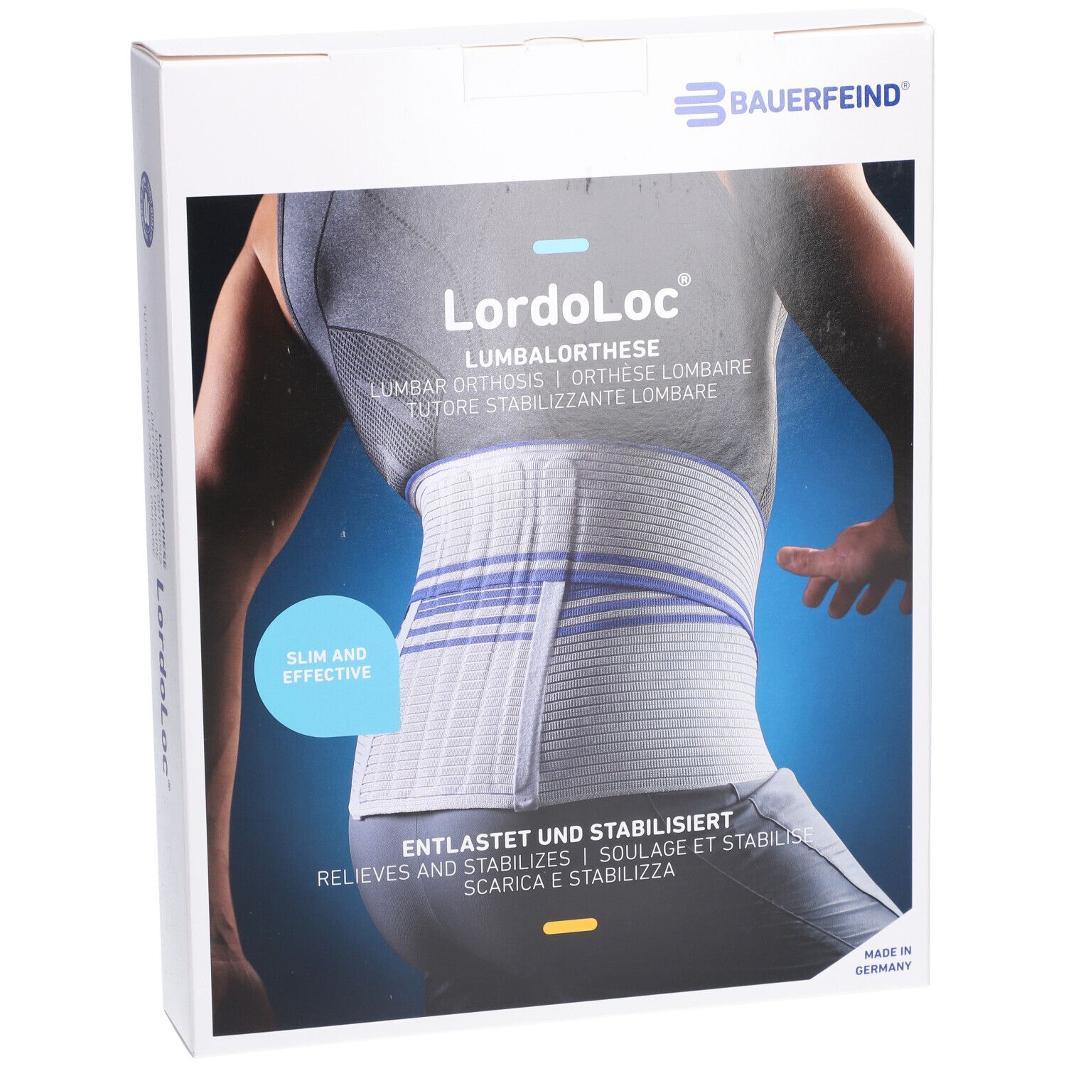Vorderansicht der LordoLoc-Verpackung. Aufdruck: Produktabbildung, Produktname, Marke Bauerfeind, Größenangabe.