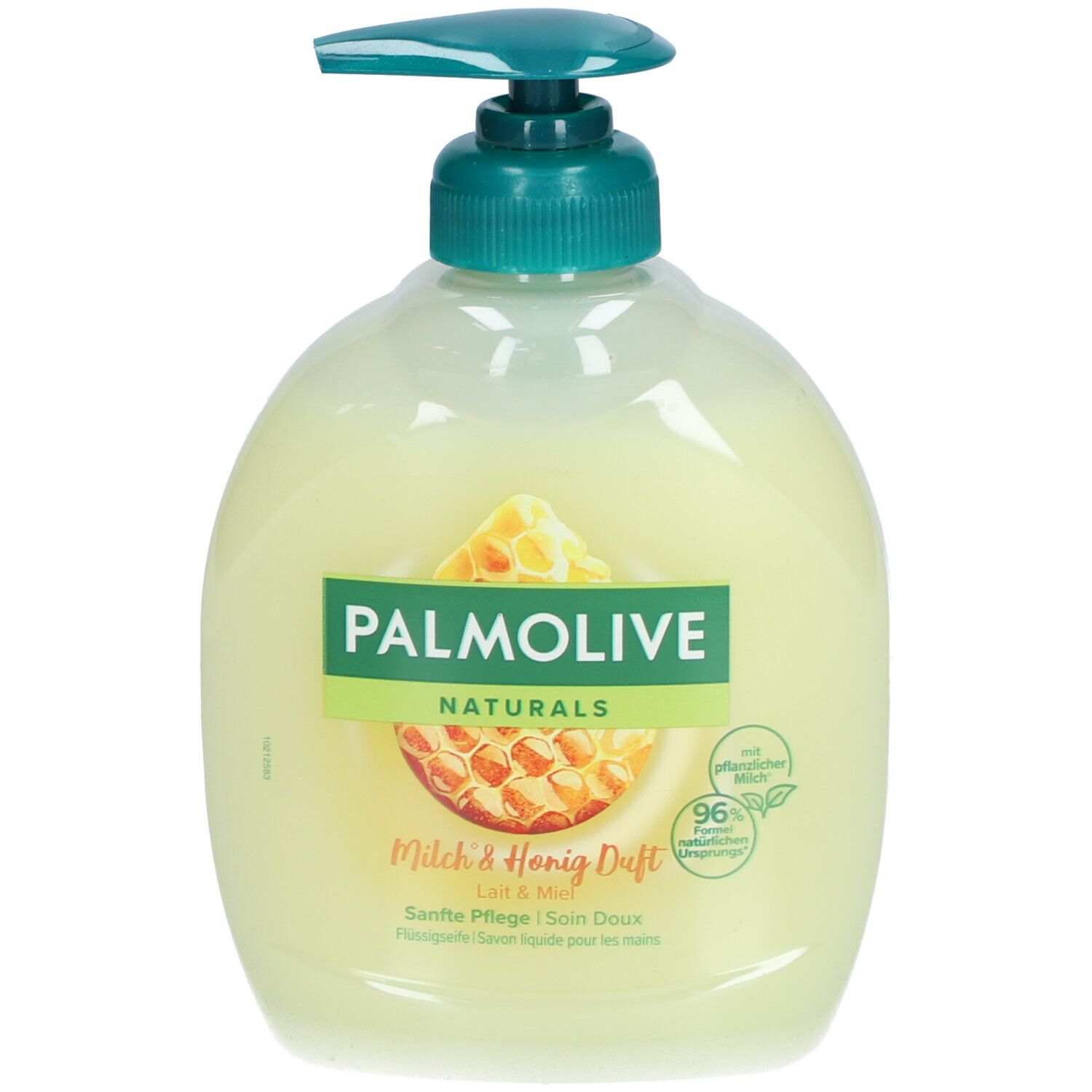 PALMOLIVE Flüssigseife Milch + Honig Disp. 300 ml. Transparente Flasche mit grünem Pumpkopf. Honigwabe-Motiv.