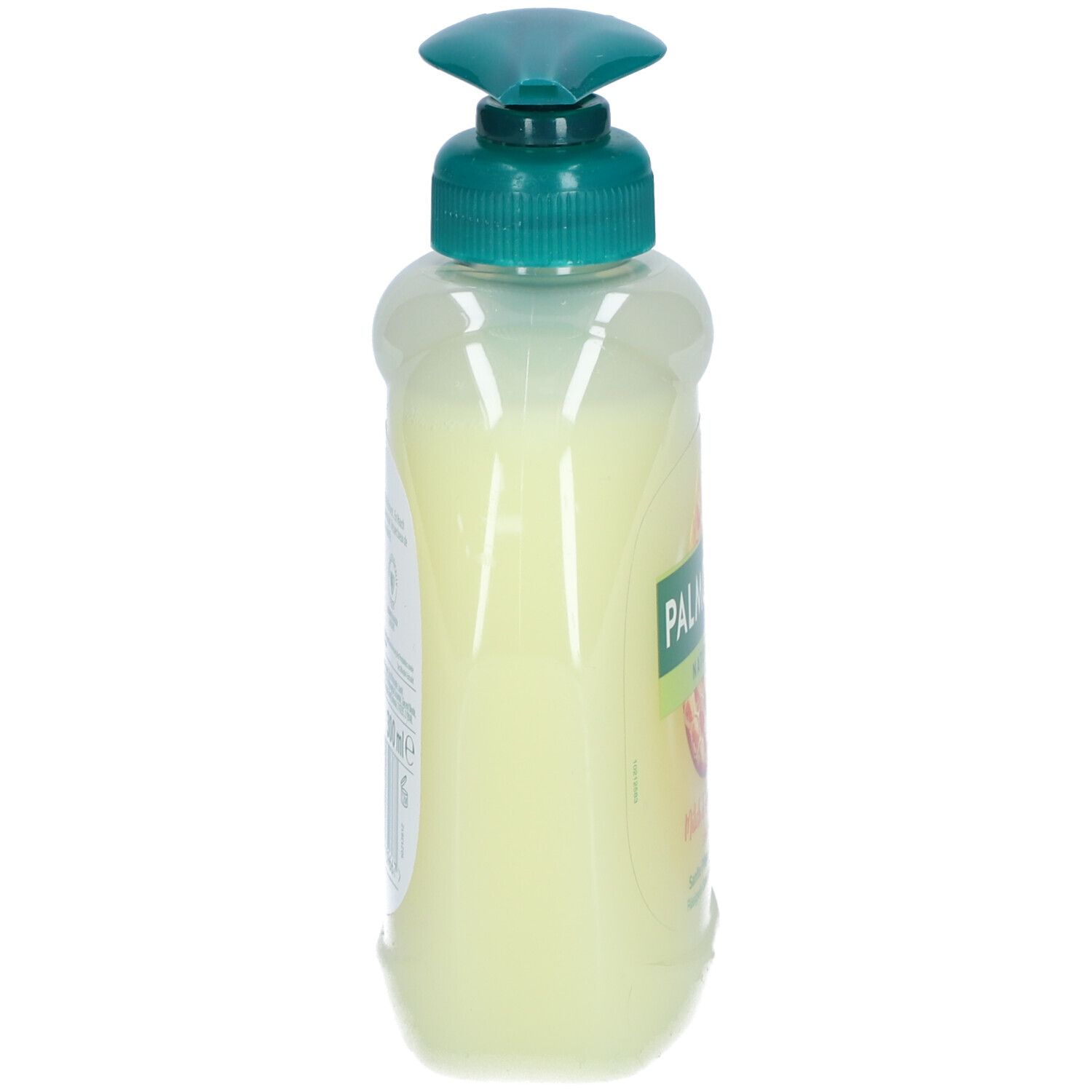 PALMOLIVE Flüssigseife Milch + Honig Disp. 300 ml. Seitenansicht der Flasche mit grünem Pumpkopf.