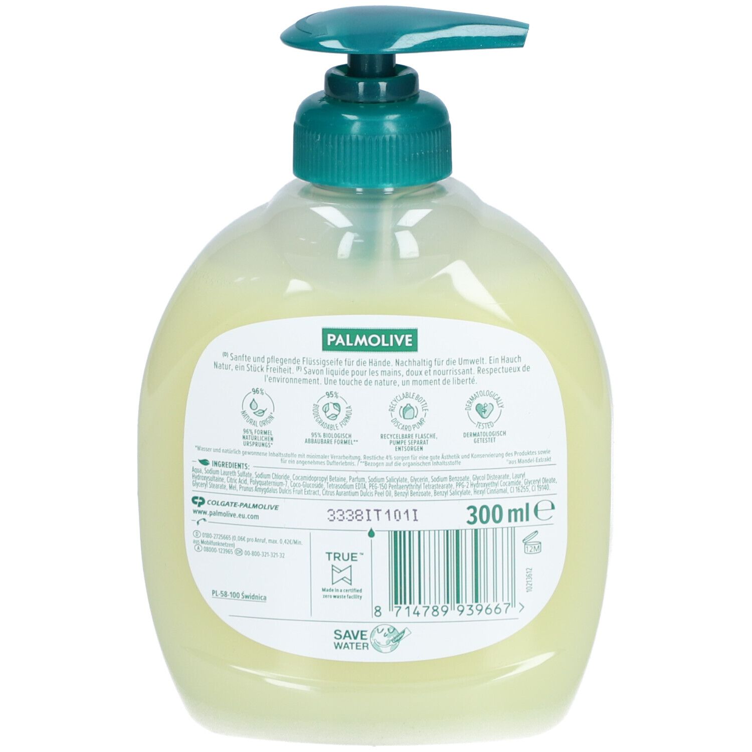 PALMOLIVE Flüssigseife Milch + Honig Disp. 300 ml. Rückseite der Flasche mit Produktinformationen und Inhaltsstoffen.