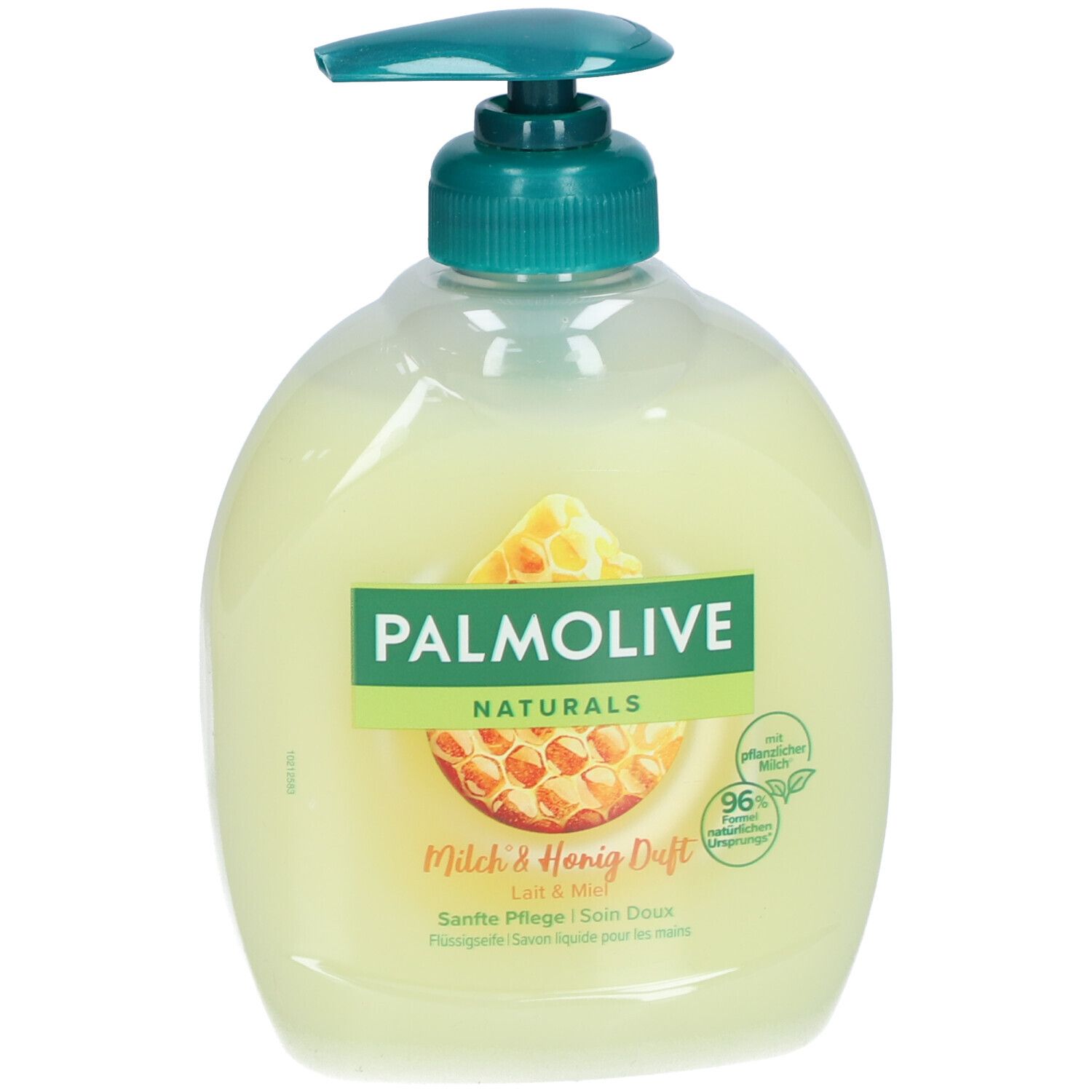 PALMOLIVE Flüssigseife Milch + Honig Disp. 300 ml. Transparente Flasche mit grünem Pumpkopf. Honigwabe-Motiv.