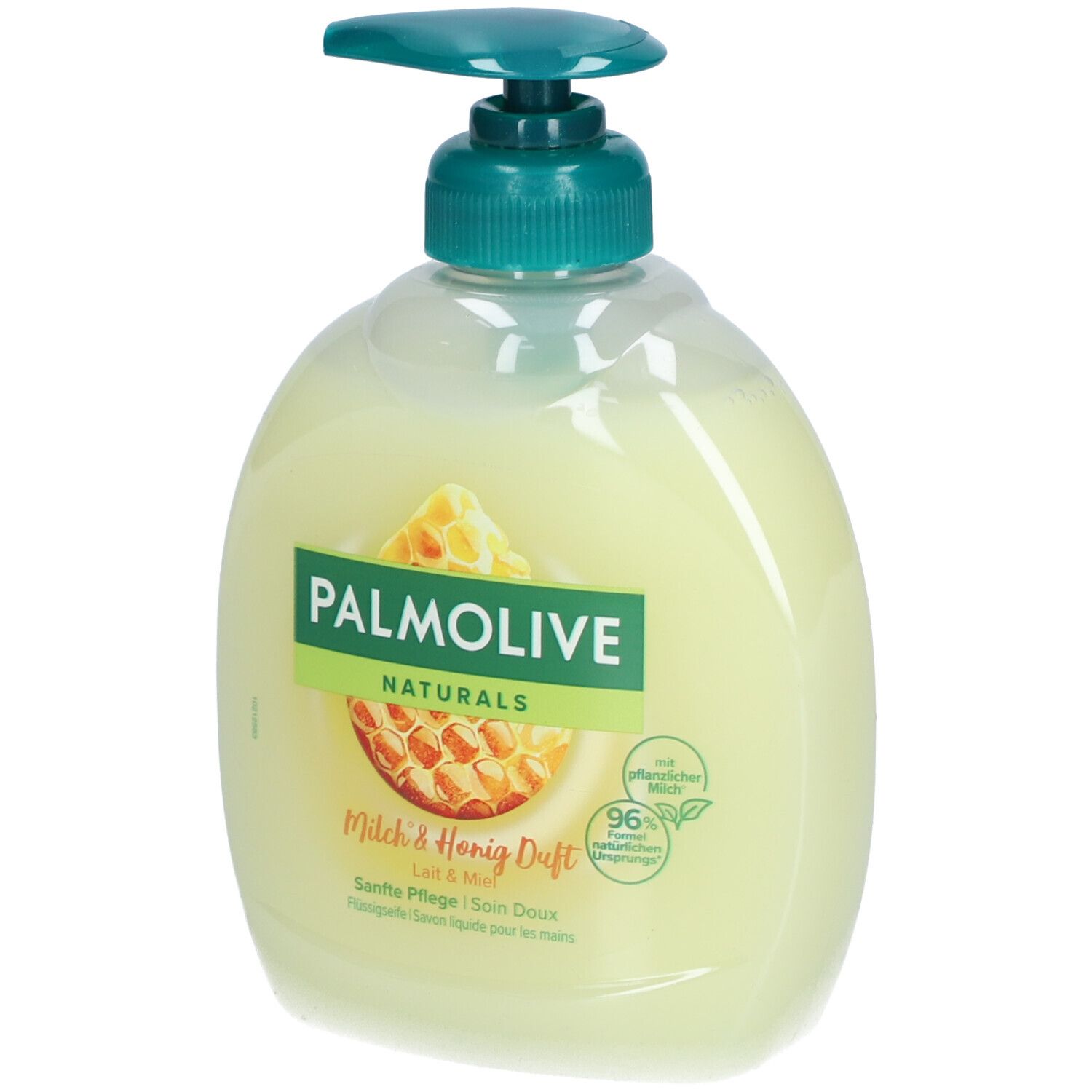 PALMOLIVE Flüssigseife Milch + Honig Disp. 300 ml. Transparente Flasche mit grünem Pumpkopf. Honigwabe-Motiv.