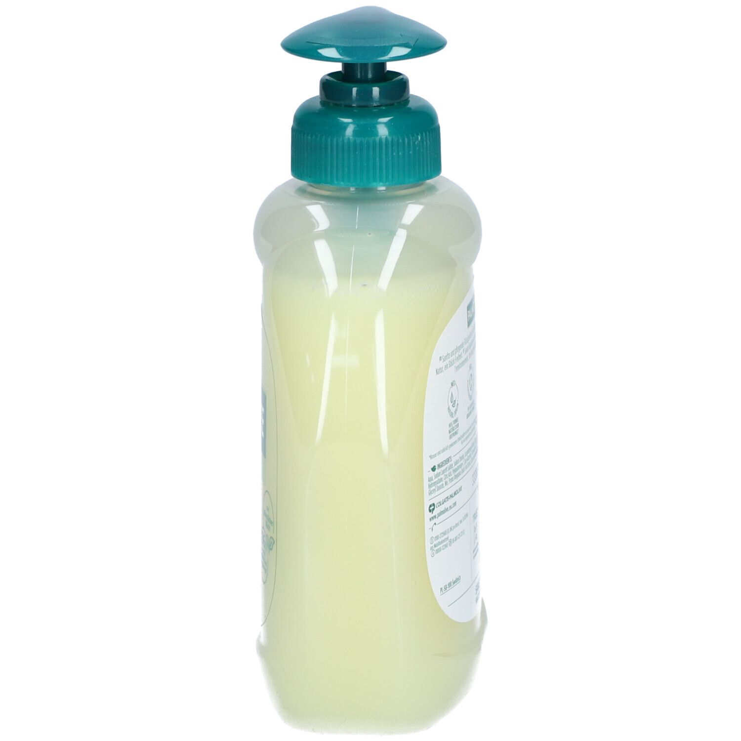 PALMOLIVE Flüssigseife Milch + Honig Disp. 300 ml. Seitenansicht der Flasche mit grünem Pumpkopf.