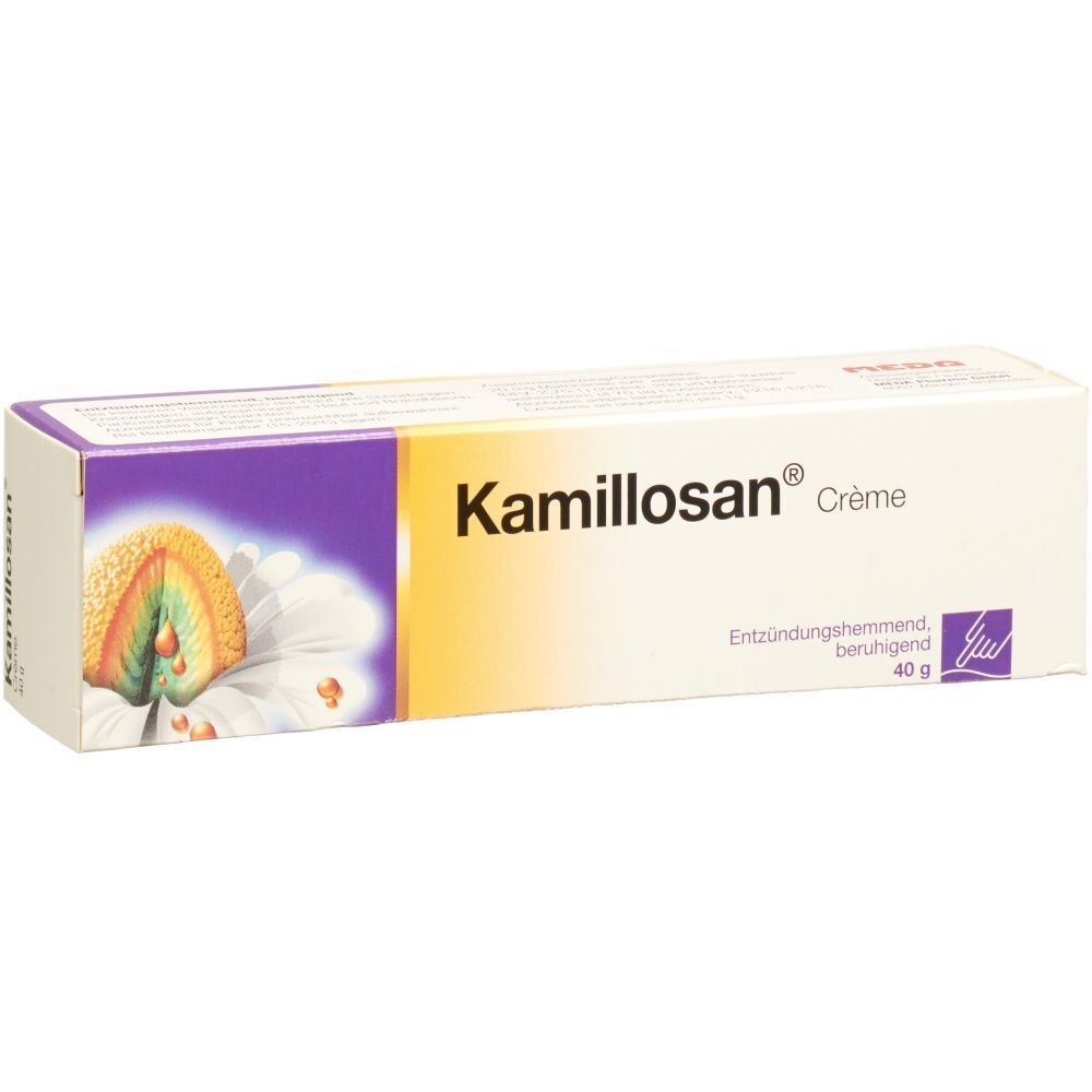 Emballage en carton avec le nom du produit Kamillosan Crème. Inscriptions : anti-inflammatoire, apaisant, 40 g.