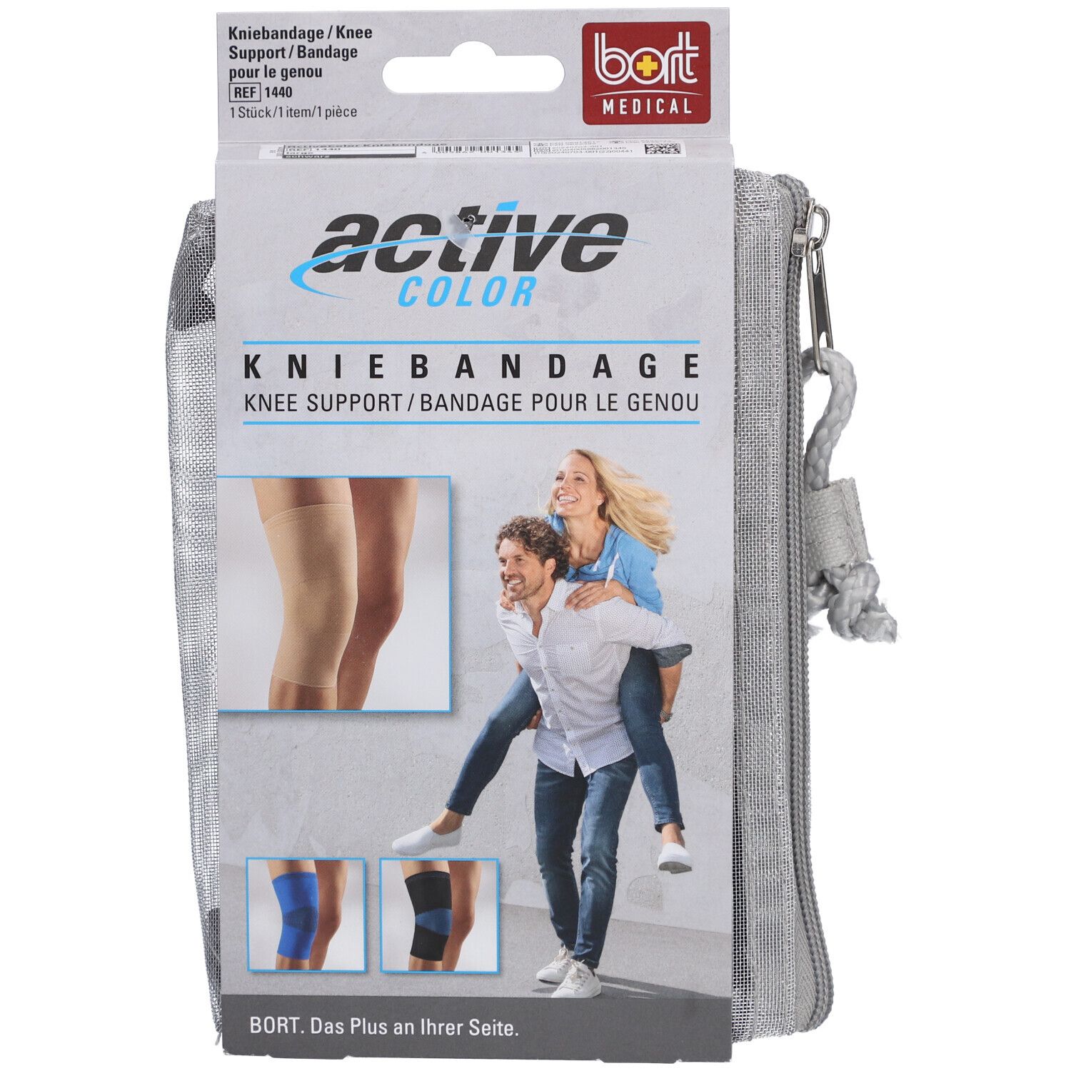 Genouillère dans son emballage. Bandage gris-noir, nom du produit 'active color'. Logo BORT Medical. Illustration d'utilisation.