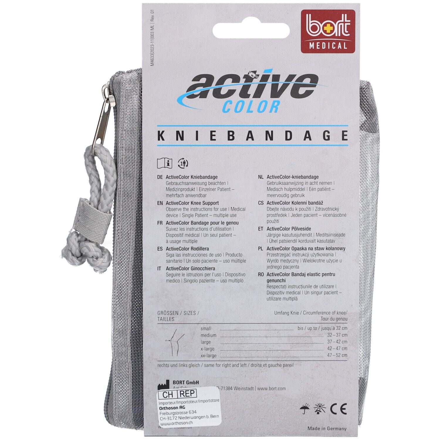 Emballage de la genouillère. Nom du produit 'active color'. Logo BORT Medical. Informations d'utilisation et tailles.