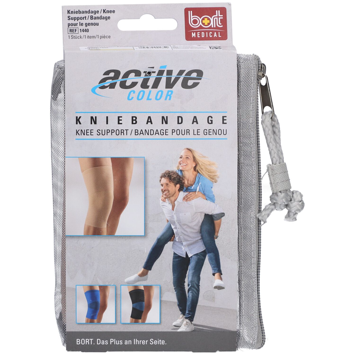 Kniebandage in verpakking. ActiveColor-logo, BORT-logo. Illustratie van kniebandage op been en spelend paar.