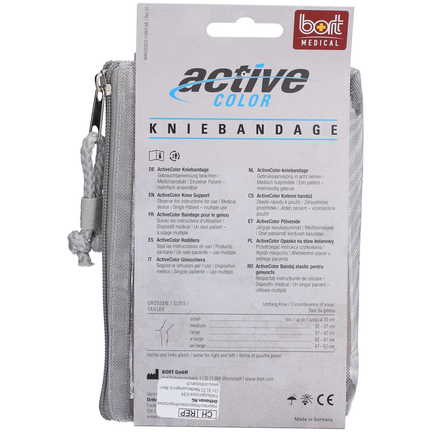 Achterkant van de kniebandageverpakking. ActiveColor-logo, BORT-logo. Maatinformatie en gebruiksaanwijzing.