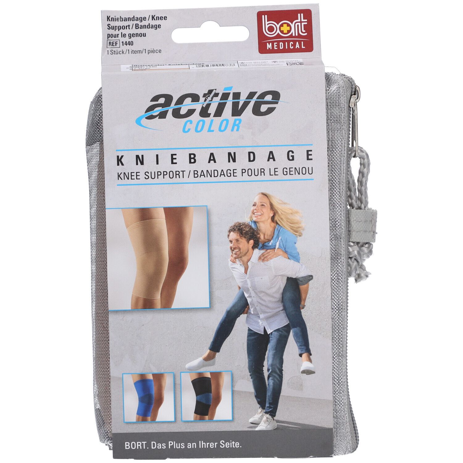 BORT ActiveColor kniebandage, maat XL, in verpakking. Afbeelding: vrouw en man, kniebandage op been.