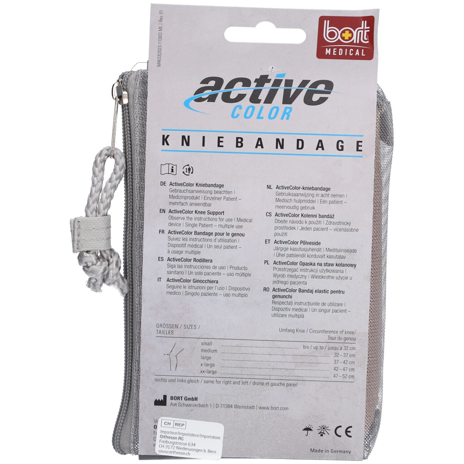 Achterkant van de verpakking van de BORT ActiveColor kniebandage. Maatvoering, productinformatie, gebruiksaanwijzing.