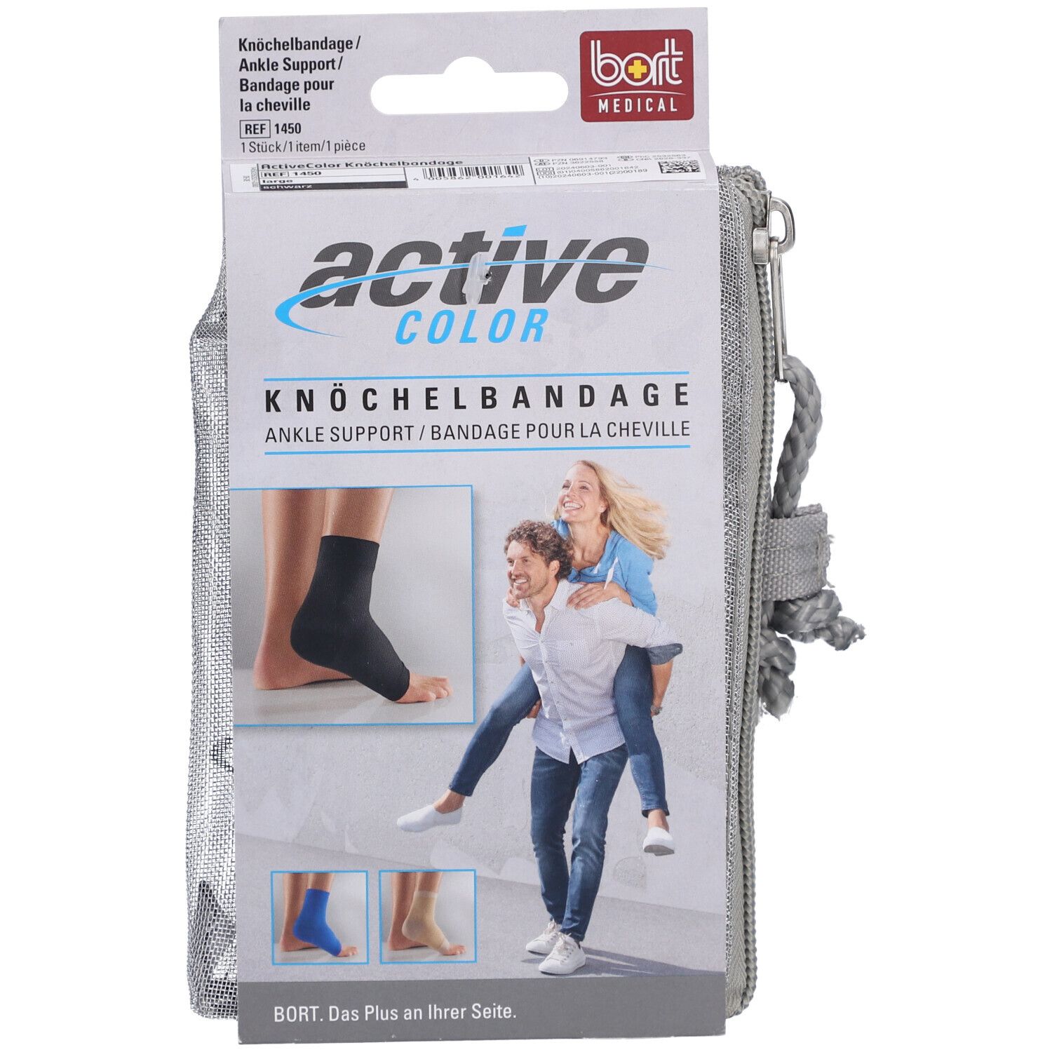 Knöchelbandage in Verpackung. Schwarz, mit Produktabbildung und Personen. BORT ActiveColor®.