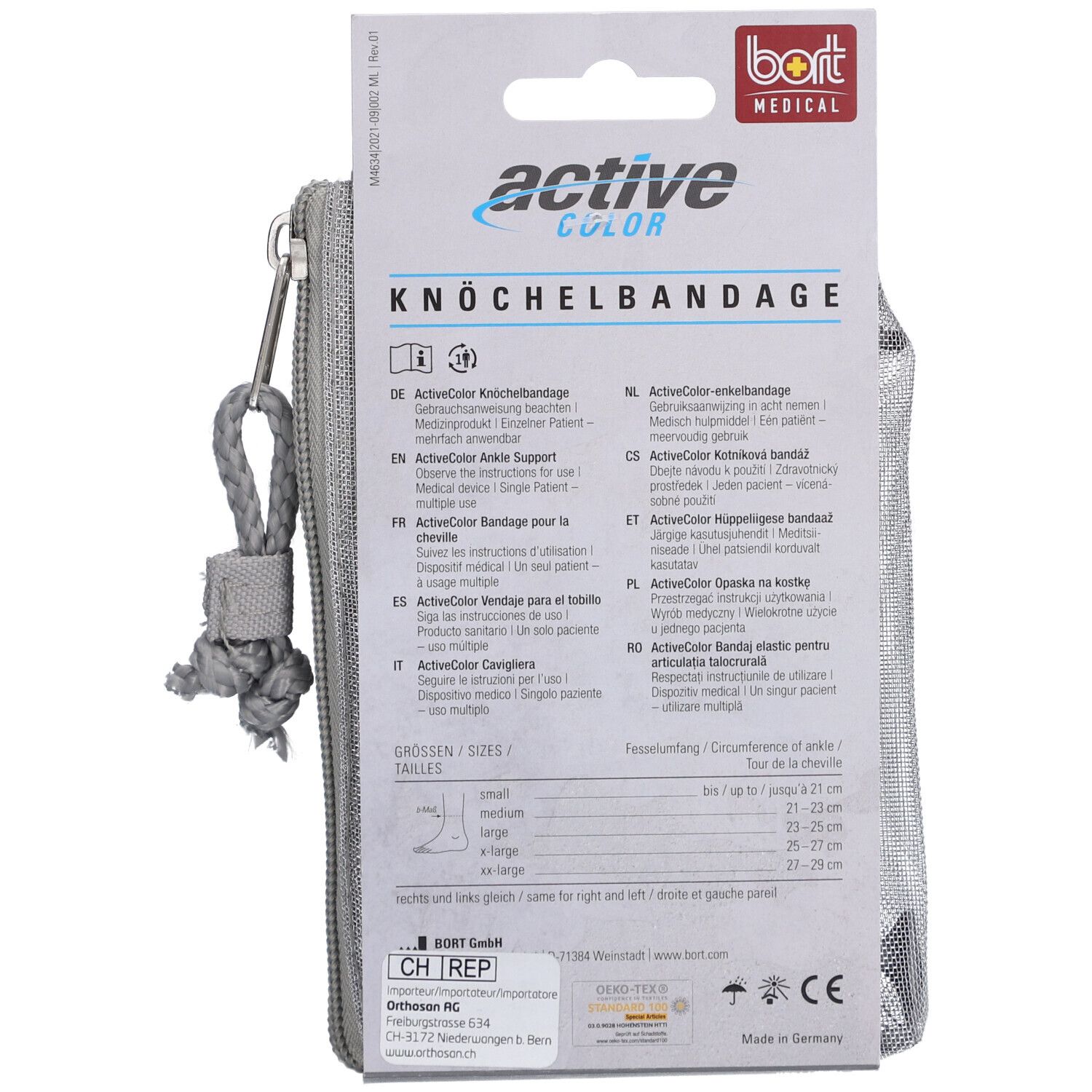 Rückseite der Knöchelbandage-Verpackung. Textinformationen, Größenangaben und Logo. BORT ActiveColor®.