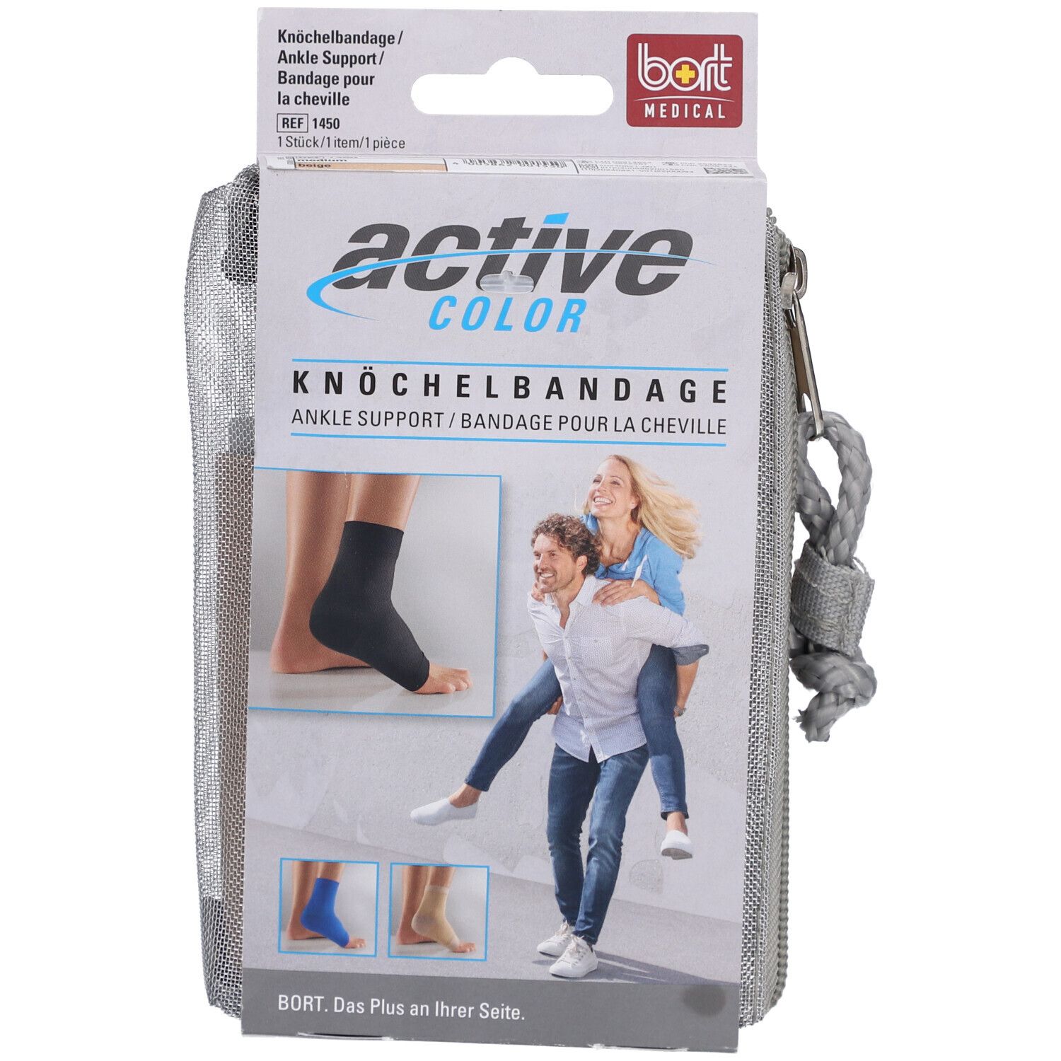 BORT ActiveColor Knöchelbandage in Verpackung. Produktabbildung, Tragebeispiele, Farbvarianten. Grau-weißes Etui mit Reißverschluss.