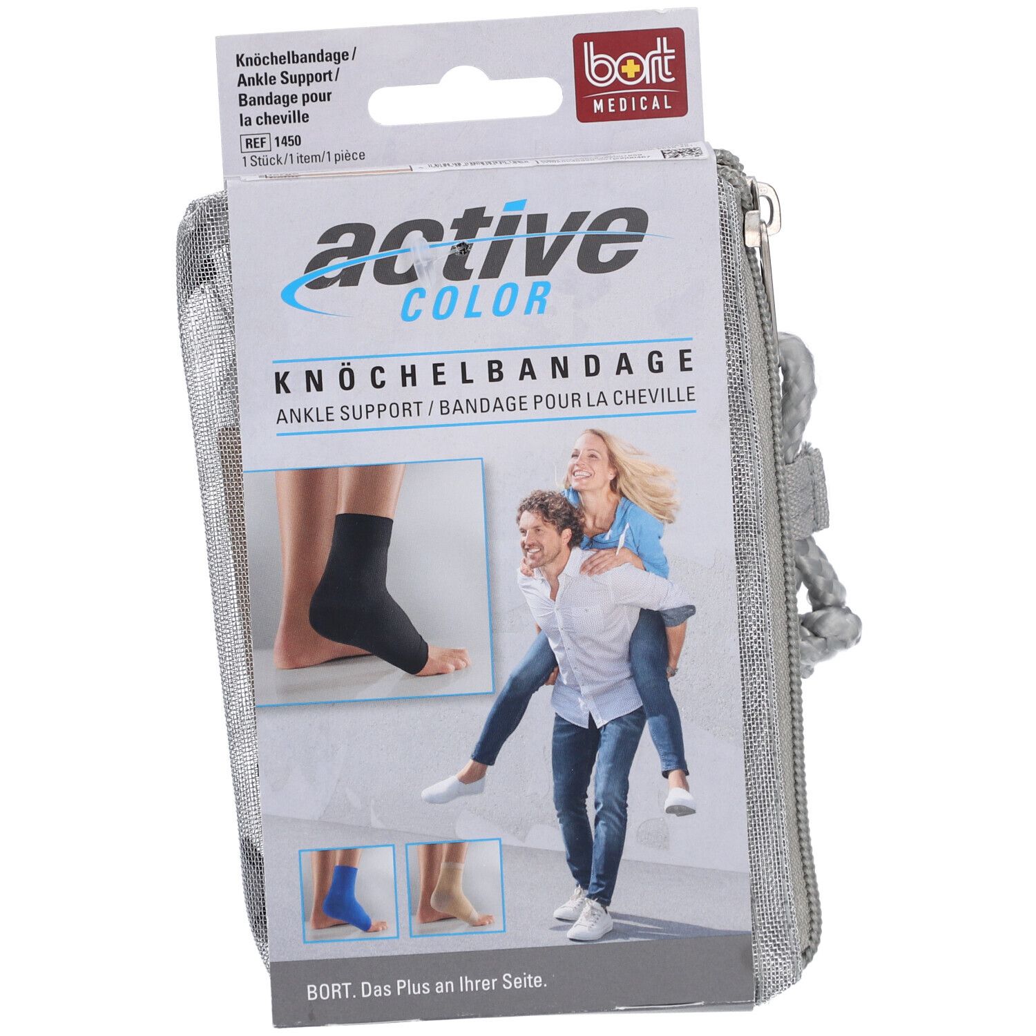 Knöchelbandage in Verpackung. Grau-weißes Design mit Produktabbildung und Personen. Marke: BORT.