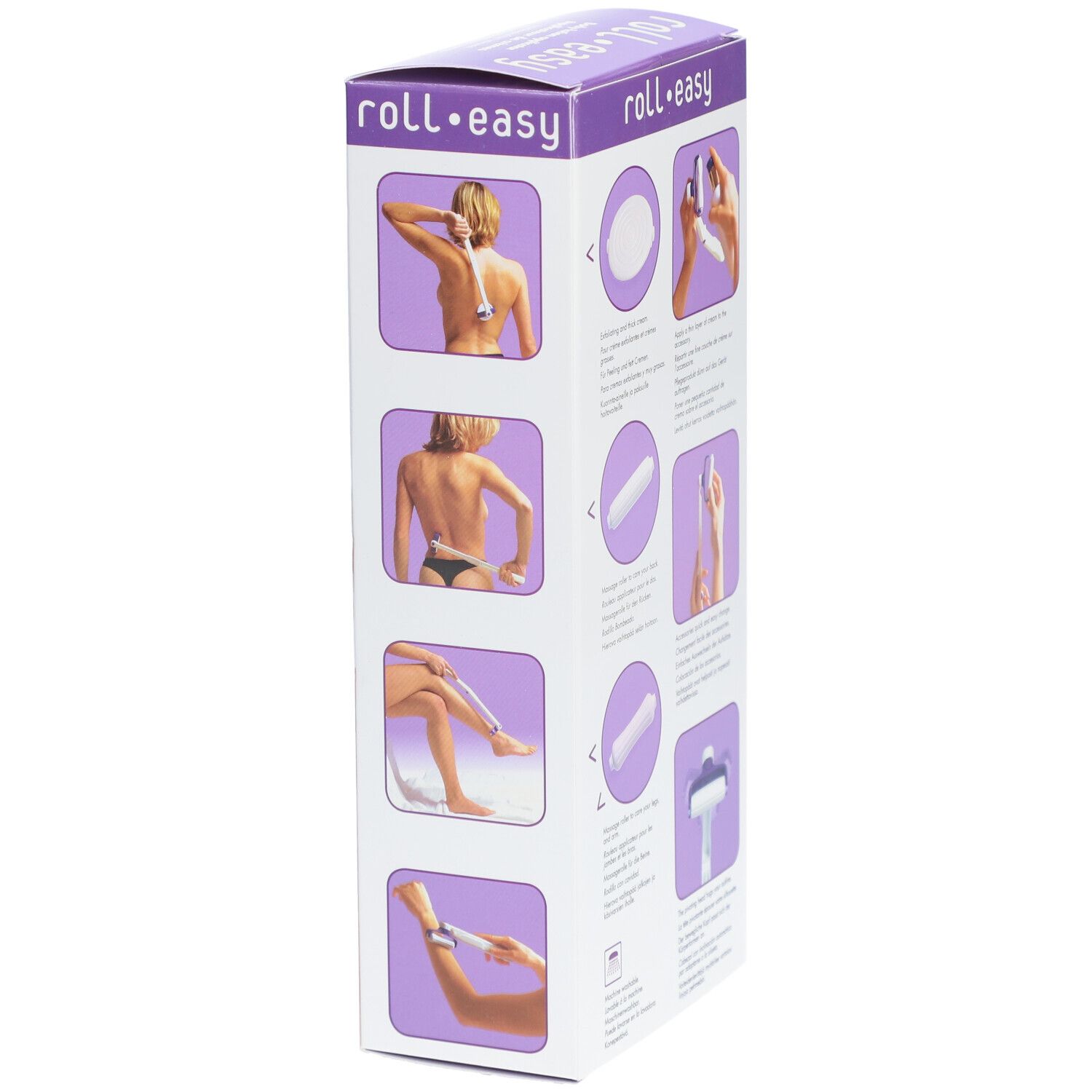Verpackung, Seitenansicht. Abbildungen: Anwendung. Text: roll•easy. Schweizer Kreuz.
