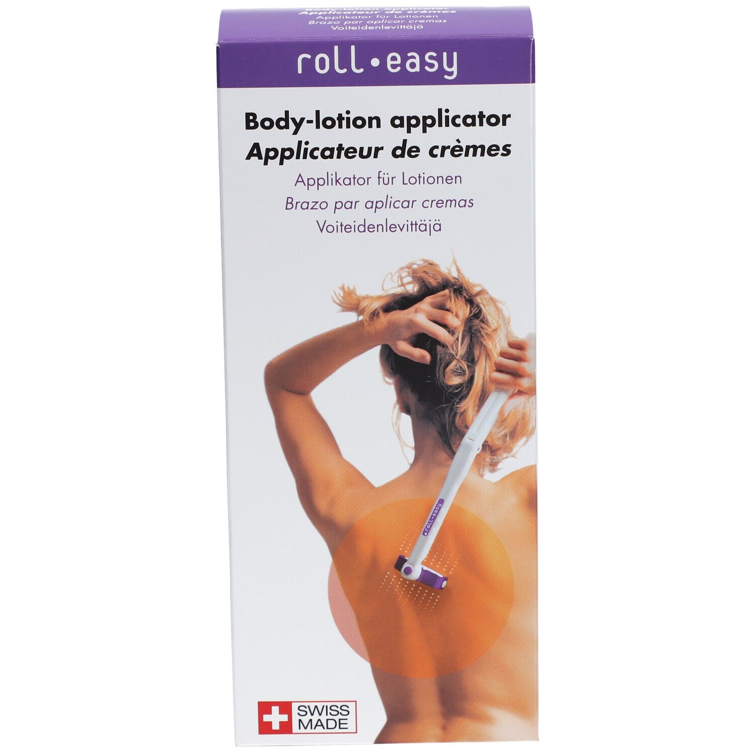 Verpackung mit Produktabbildung. Aufschrift: roll•easy, Body-lotion applicator. Schweizer Kreuz.