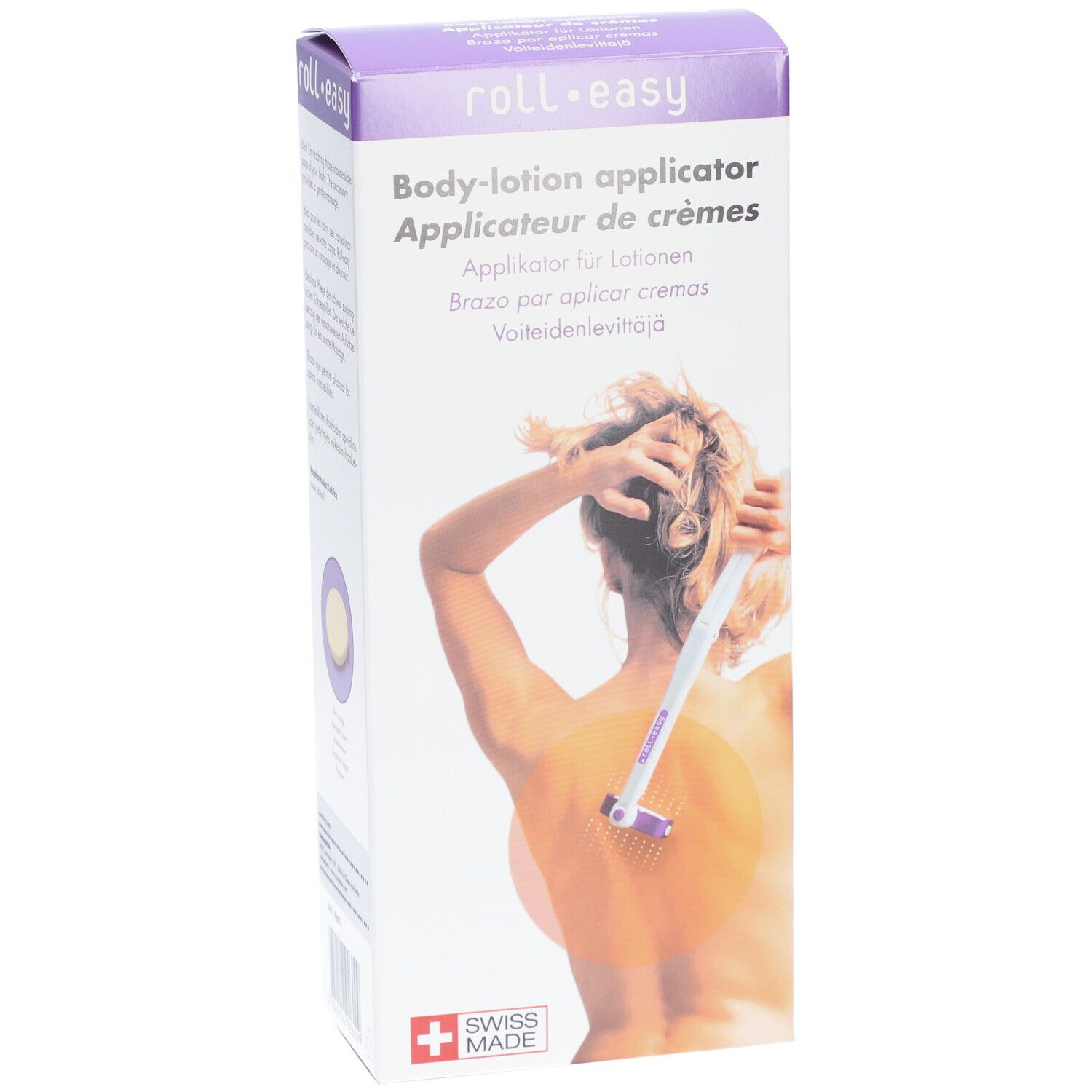 Verpackung mit Produktabbildung. Aufschrift: roll•easy, Body-lotion applicator. Schweizer Kreuz.