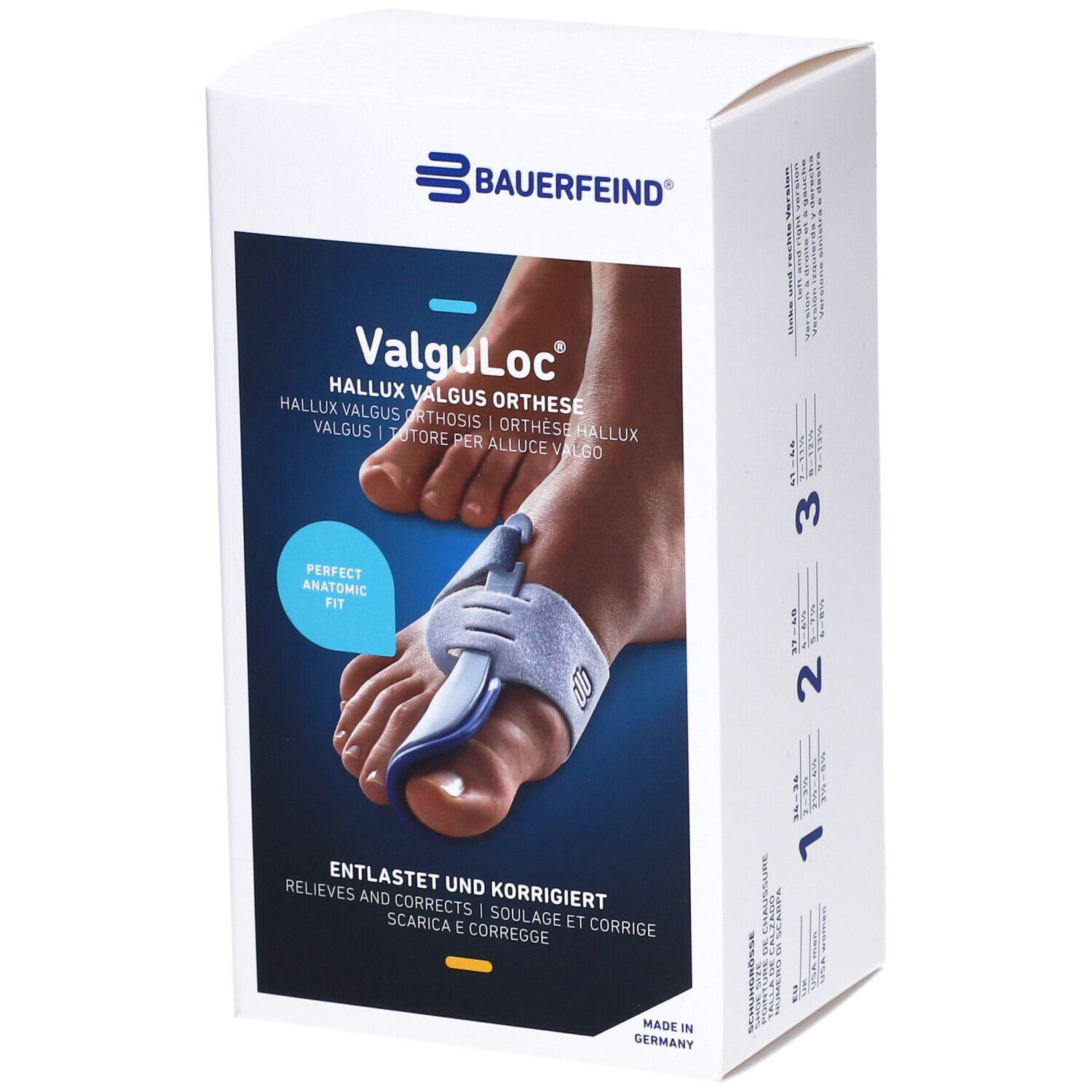 Boîte de l'orthèse de nuit ValguLoc de Bauerfeind. Image du produit avec pied et orthèse. Texte : Hallux valgus Orthese.