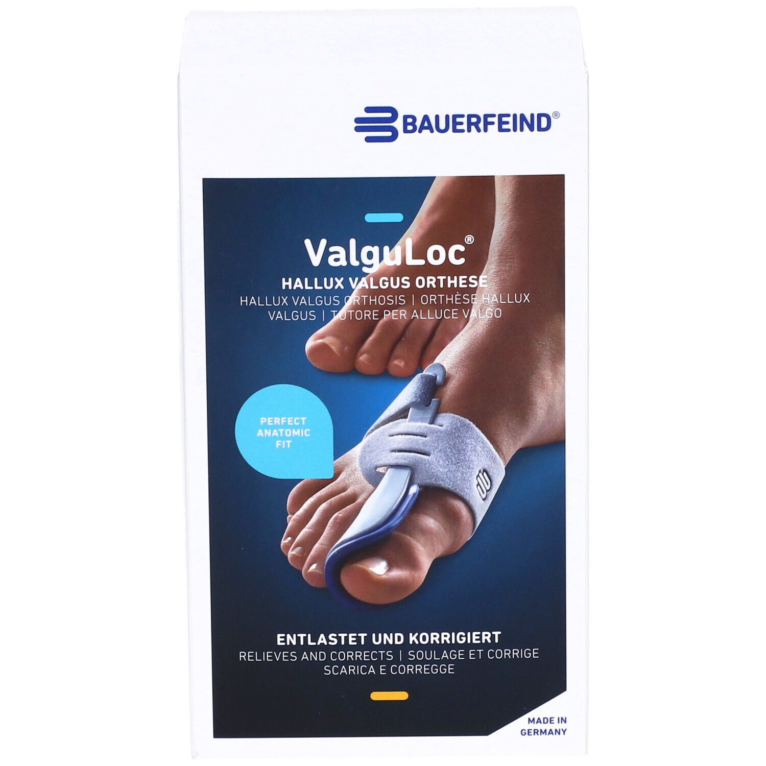 Orthèse de nuit ValguLoc de Bauerfeind sur fond blanc. Image du produit avec pied et orthèse. Texte : Hallux valgus Orthese.