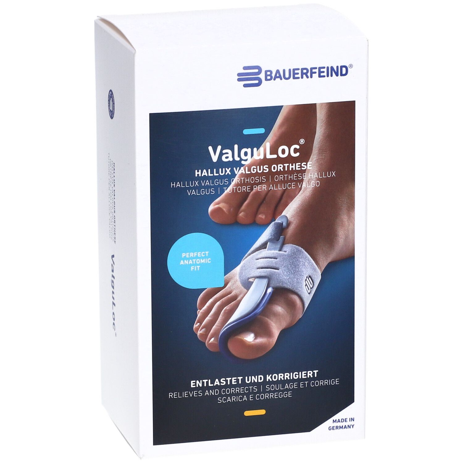 Orthèse de nuit ValguLoc de Bauerfeind sur fond blanc. Image du produit avec pied et orthèse. Texte : Hallux valgus Orthese.
