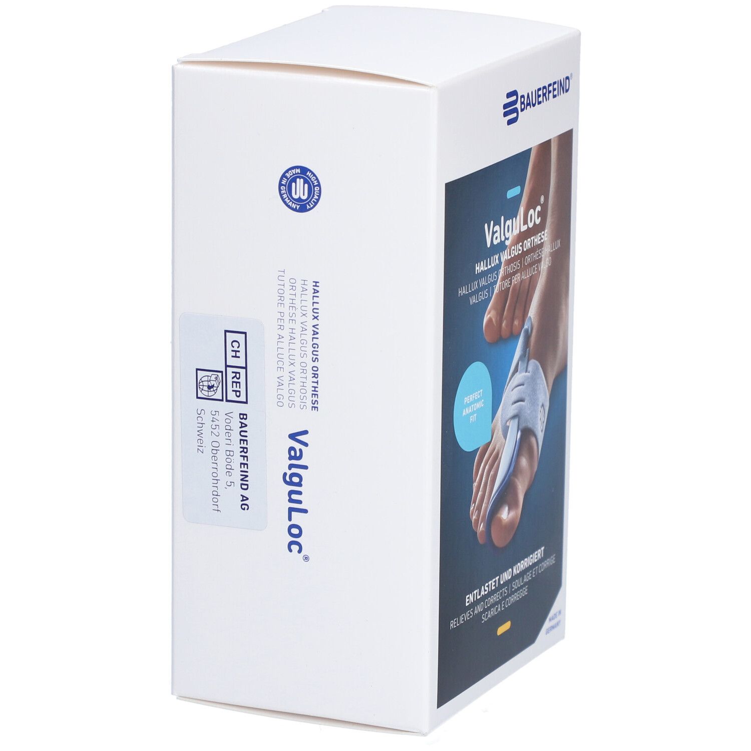 Verpackung der VALGULOC Orthese. Marke Bauerfeind. Aufdruck mit Produktnamen und Adresse. Logo und Zertifizierungen.