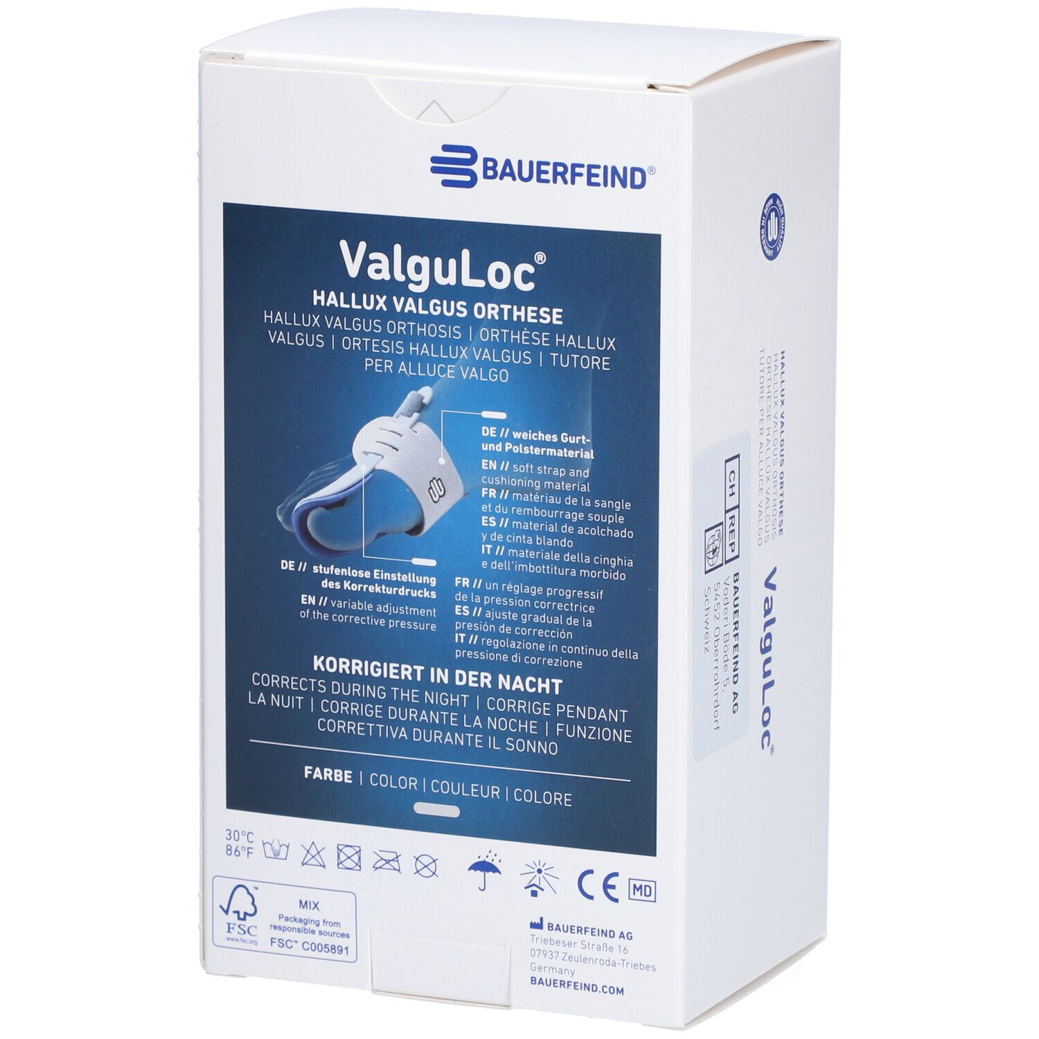 Verpackung der VALGULOC Orthese. Produktinformationen und Abbildungen. Text: Korrigiert in der Nacht. Farbe.