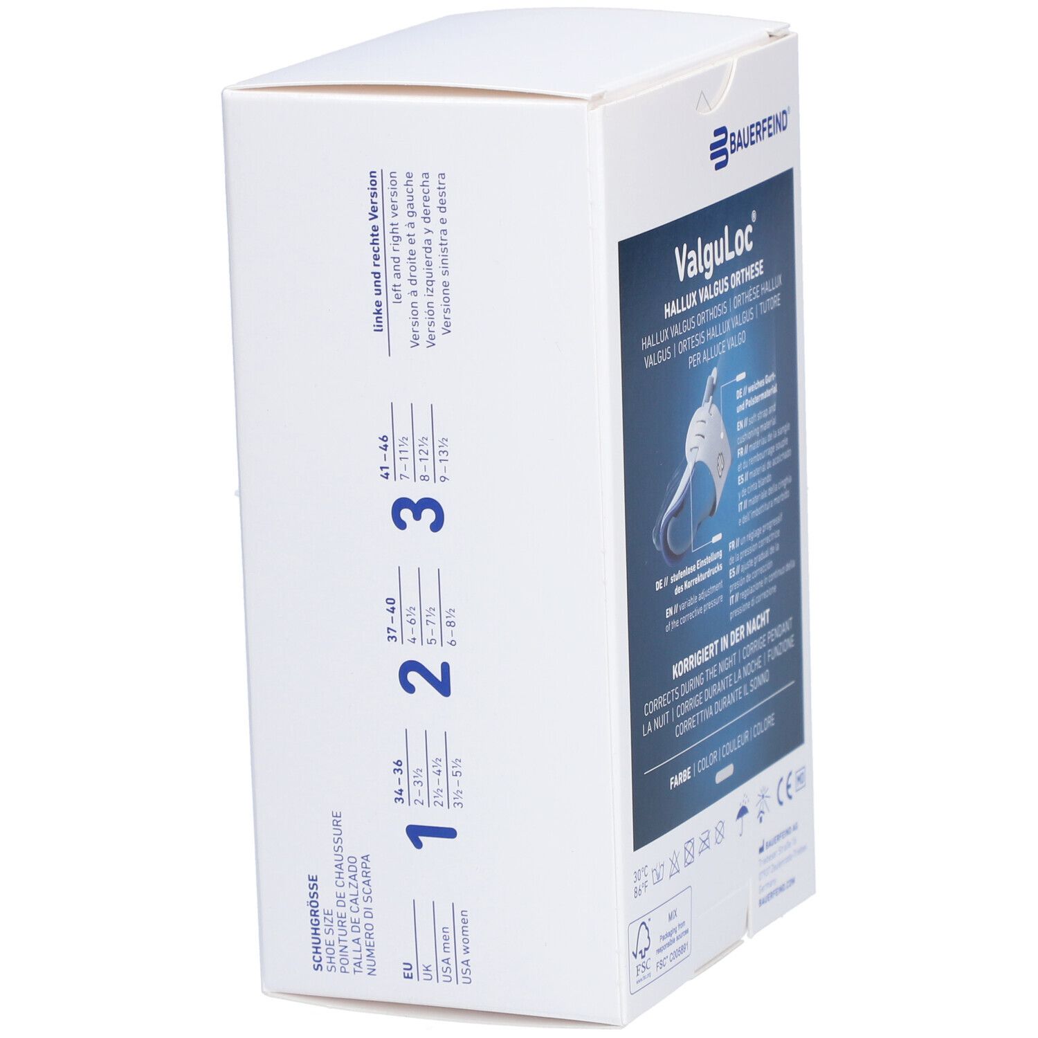 Verpackung der VALGULOC Orthese. Größenangaben für Schuhgrößen. Links und rechts Version. Größen 1-3.