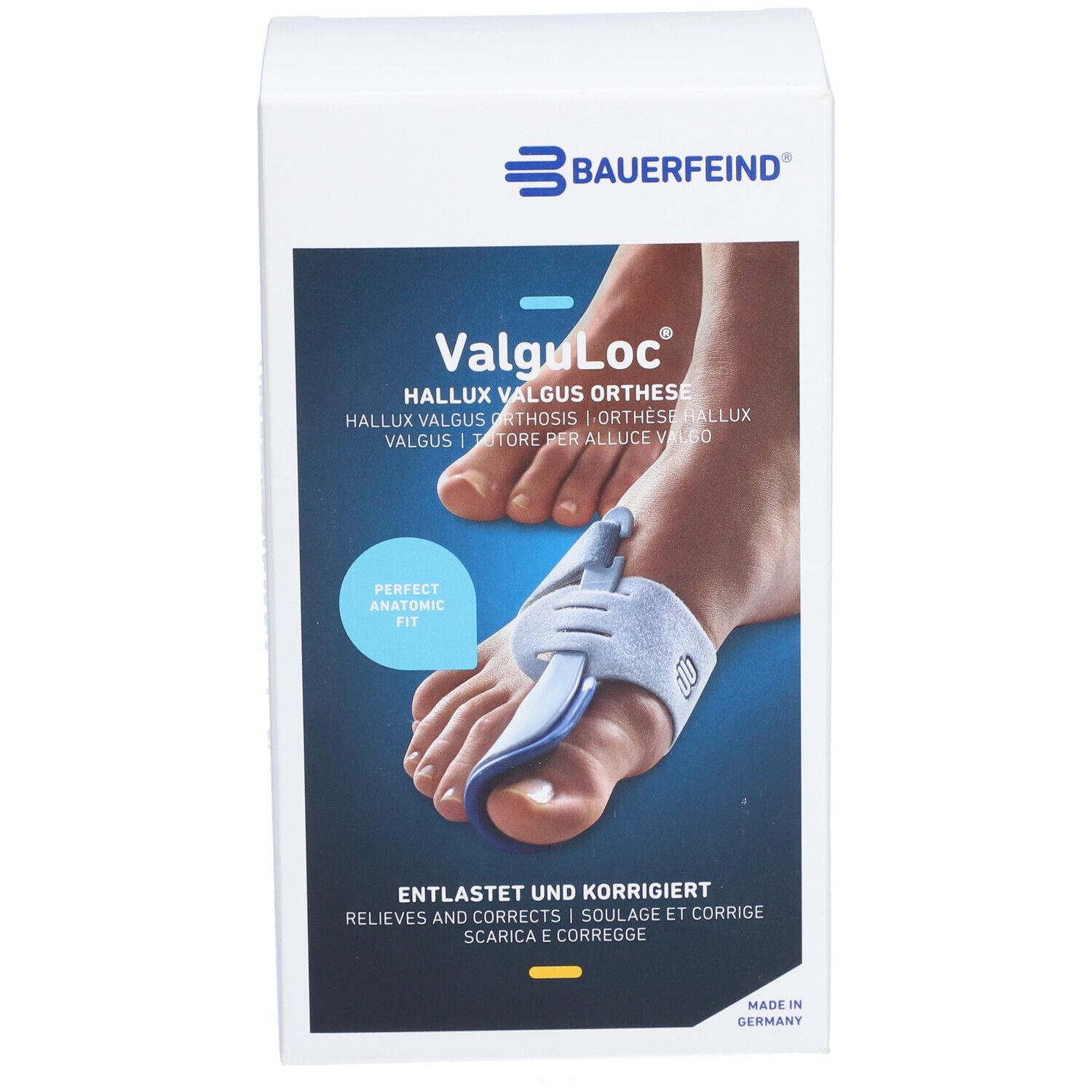 Verpackung der VALGULOC Orthese. Produktabbildung mit Fuß und Orthese. Marke Bauerfeind. Text: Entlastet und korrigiert.
