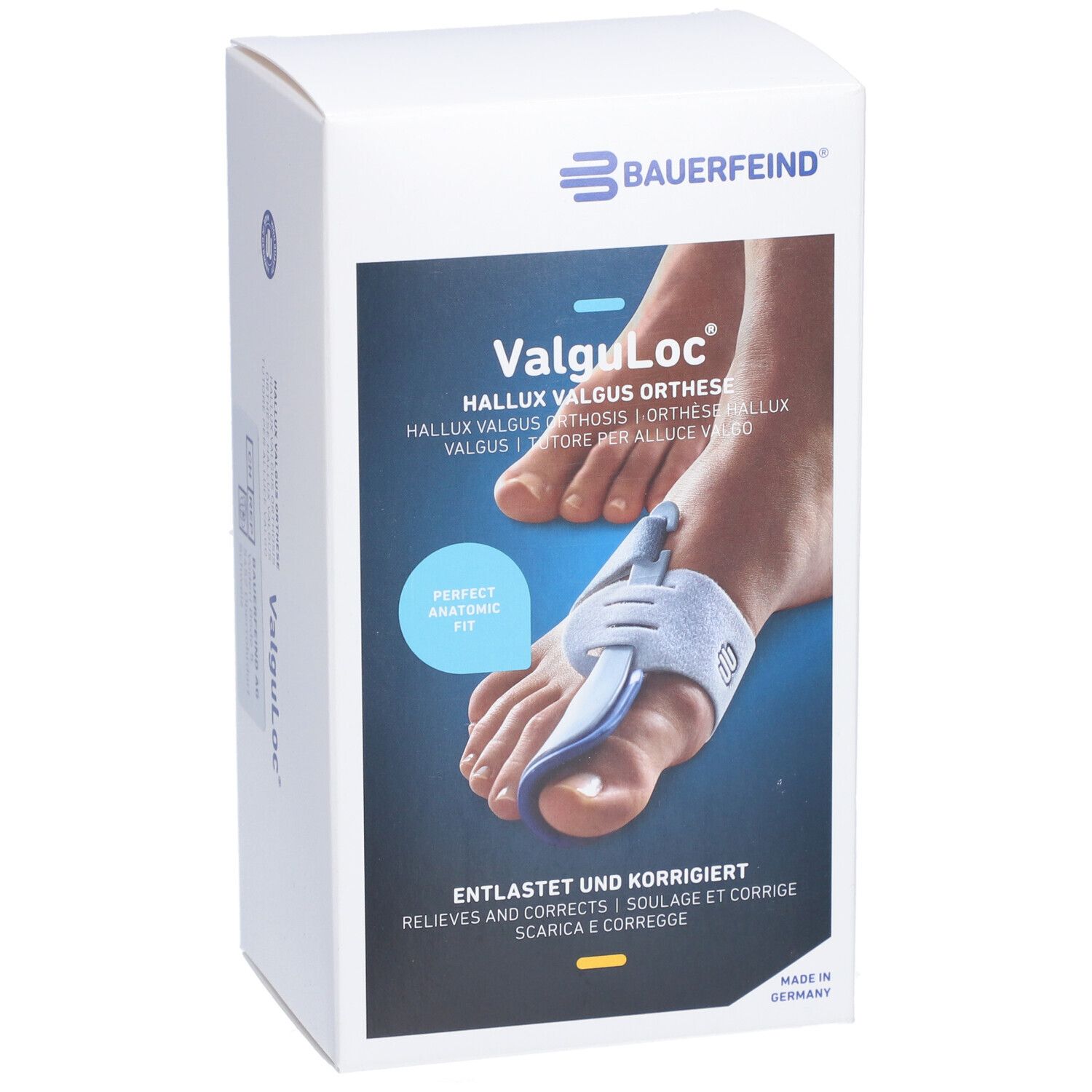 Verpackung der VALGULOC Orthese. Produktabbildung mit Fuß und Orthese. Marke Bauerfeind. Text: Entlastet und korrigiert.