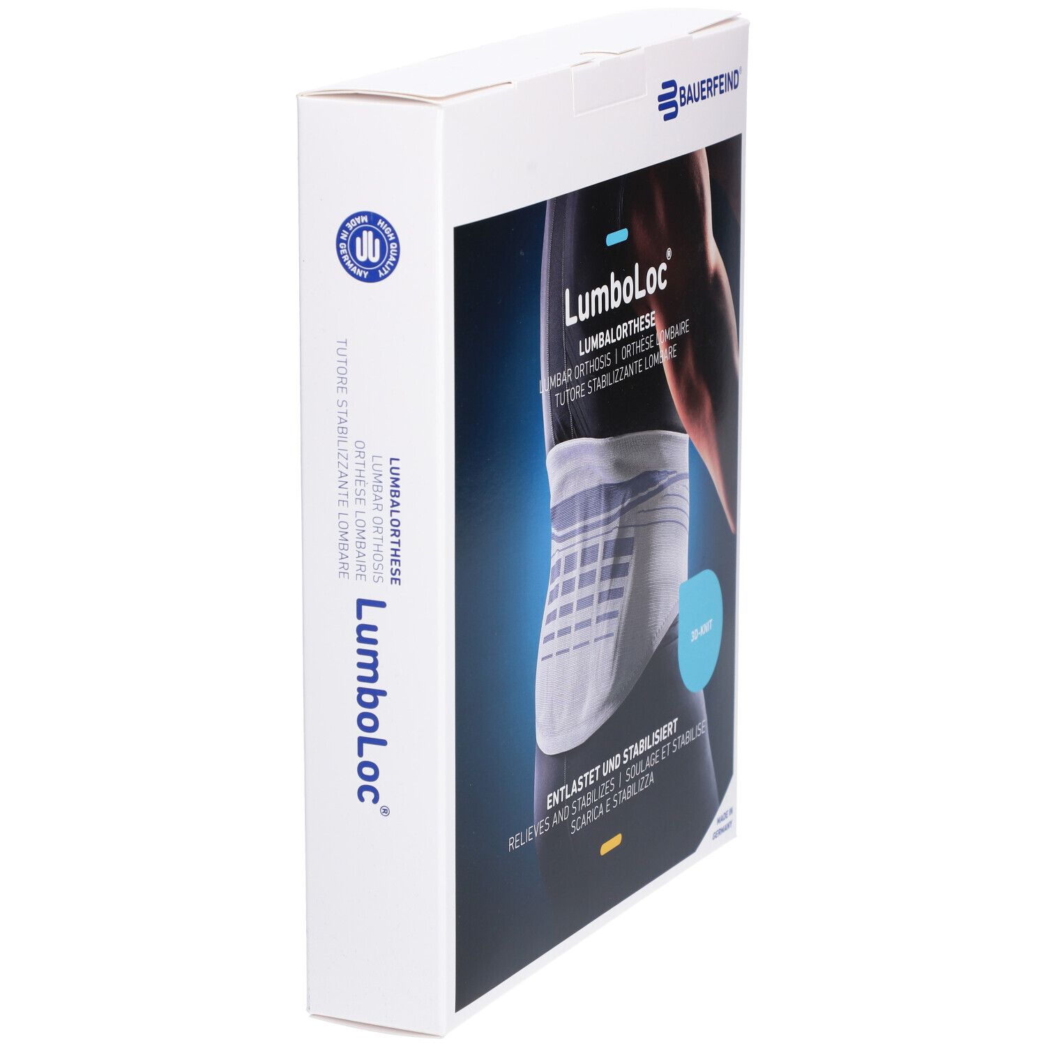 Verpackung der Rückenorthese LumboLoc von Bauerfeind. Produktabbildung, Produktname, Text in Deutsch, Englisch, Französisch, Italienisch. Logo Bauerfeind.